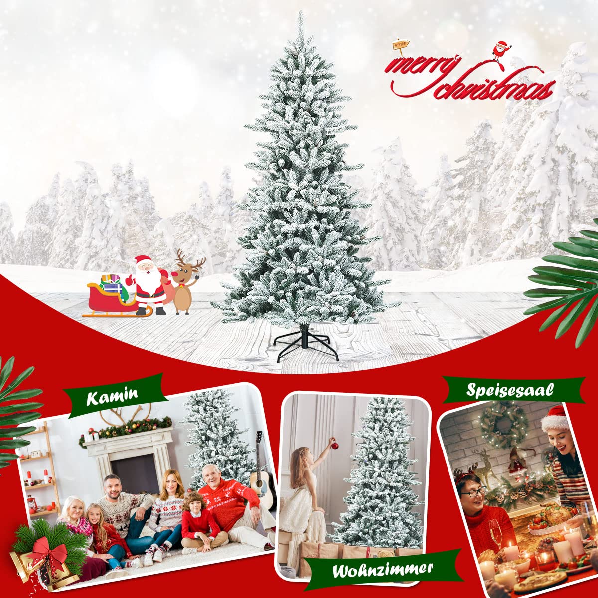 COSTWAY 210cm Künstlicher Bleistift Weihnachtsbaum mit Kiefernzapfen, schneebedeckter Tannenbaum mit Metallständer, Christbaum 1108 Spitzen PVC Nadeln, Kunstbaum Weihnachten Klappsystem