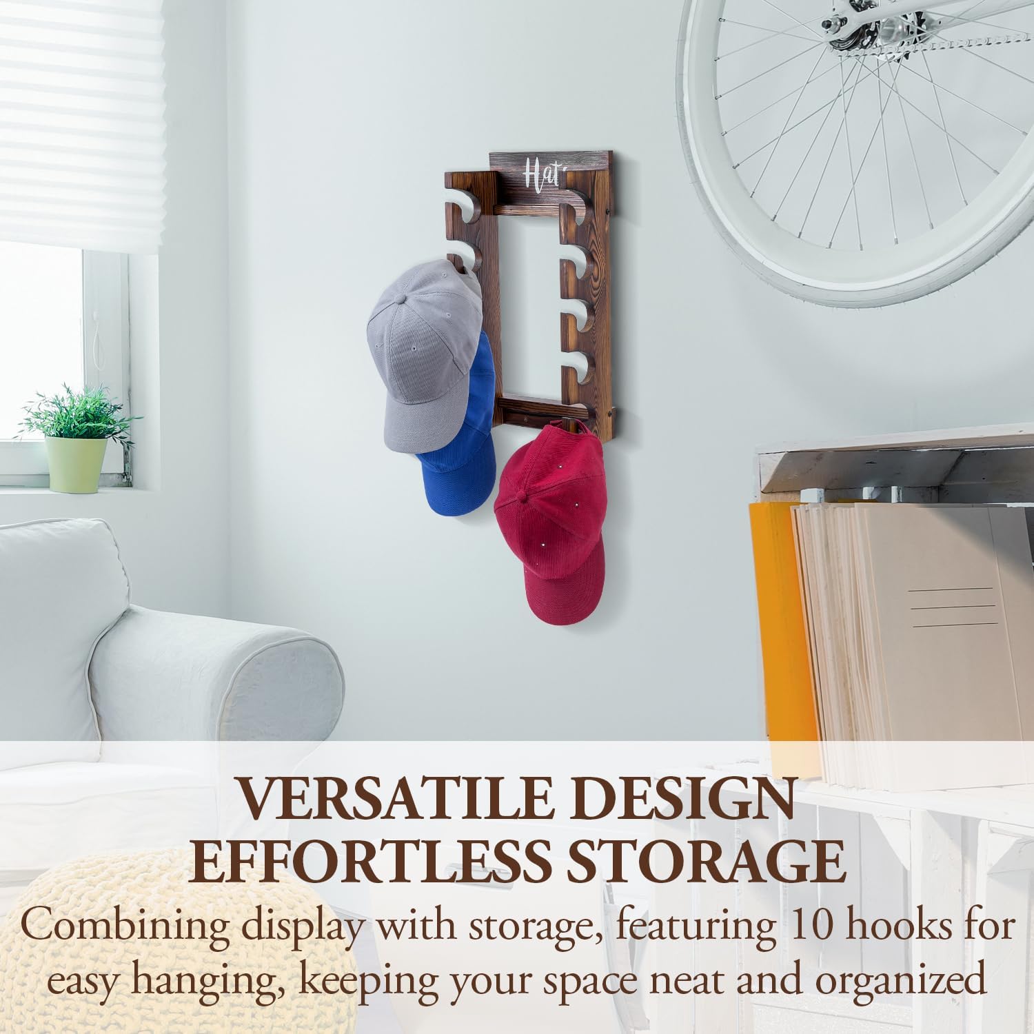 MyGift Wooden Hat Rack Wall Mount, Baseball Cap Organizer Display Holder, Hat Storage Shelf with White Cursive Hats Label,10 Hanging Hooks, Rustic Burnt Solid Wood