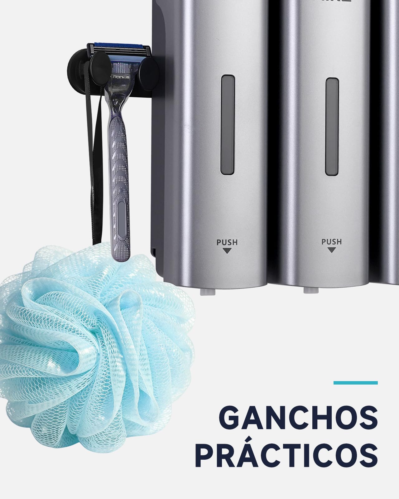 AIKE EasyPush Dispensador De Ducha, Montaje De Pared Sin Taladro para Champú & Acondicionador, Ahorra Espacio, Triple