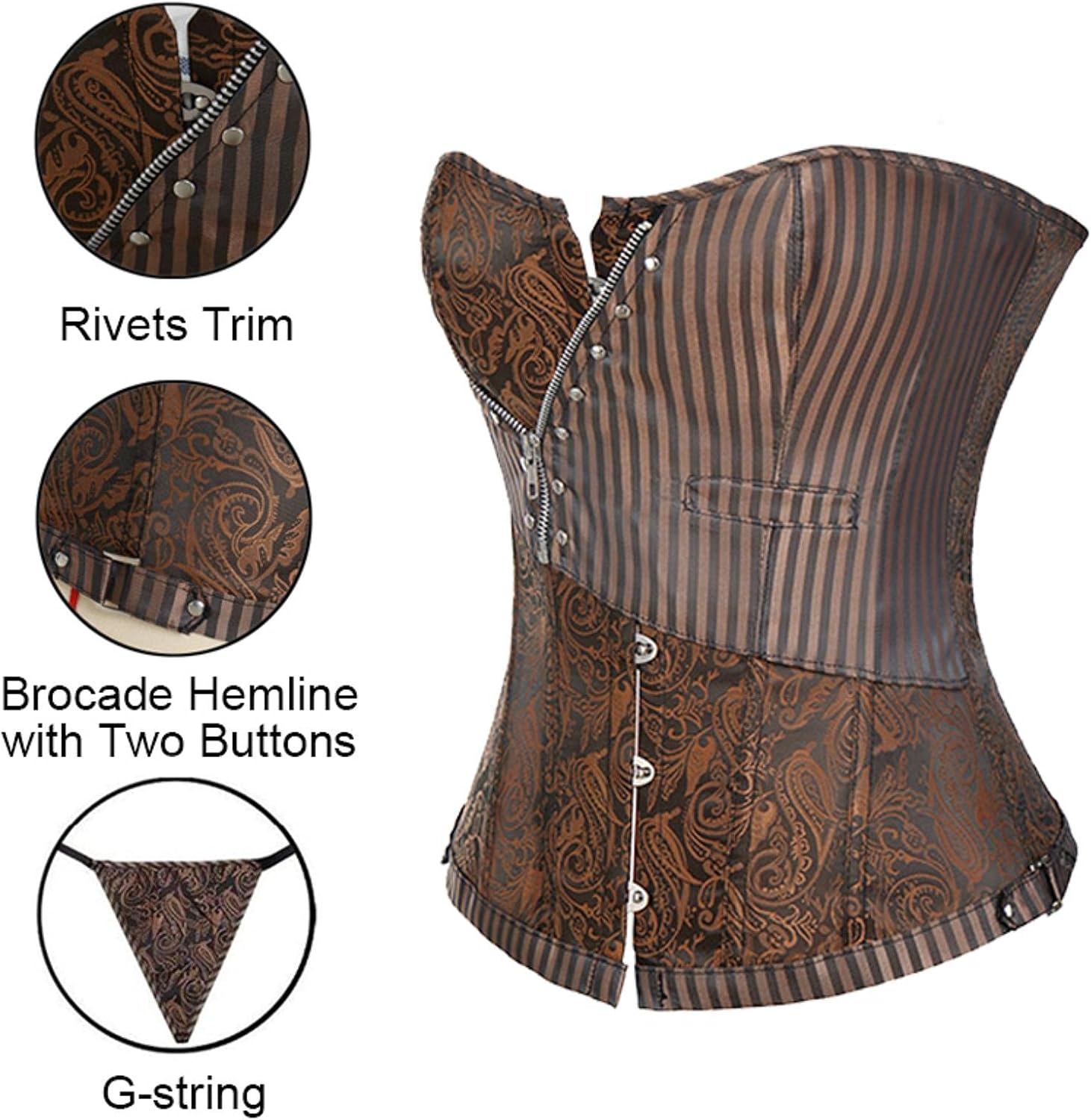 Miss Brown Corsets and bustiers Steampunk Corset Top Waist Gothic Clothing Corselet Brocade Zip Patchwork S-2XL(Dark Red,Large)