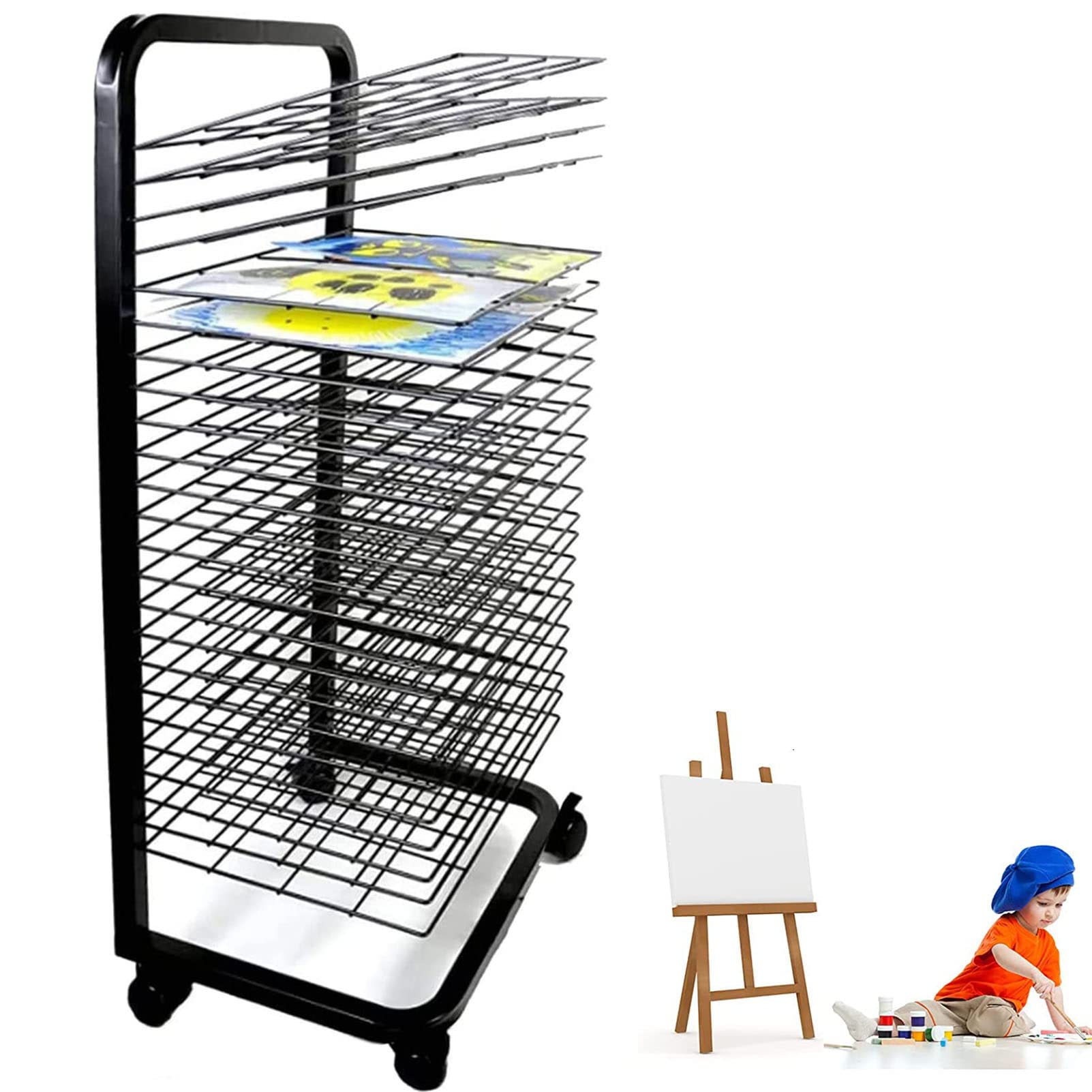 Aioneer Art Drying Rack, Classroom Painting Storage, Sturdy Art Organizer for Drawings, Mobile Metal Art Storage Rack with 20/25 Removable Shelves and 4 Casters,25layers