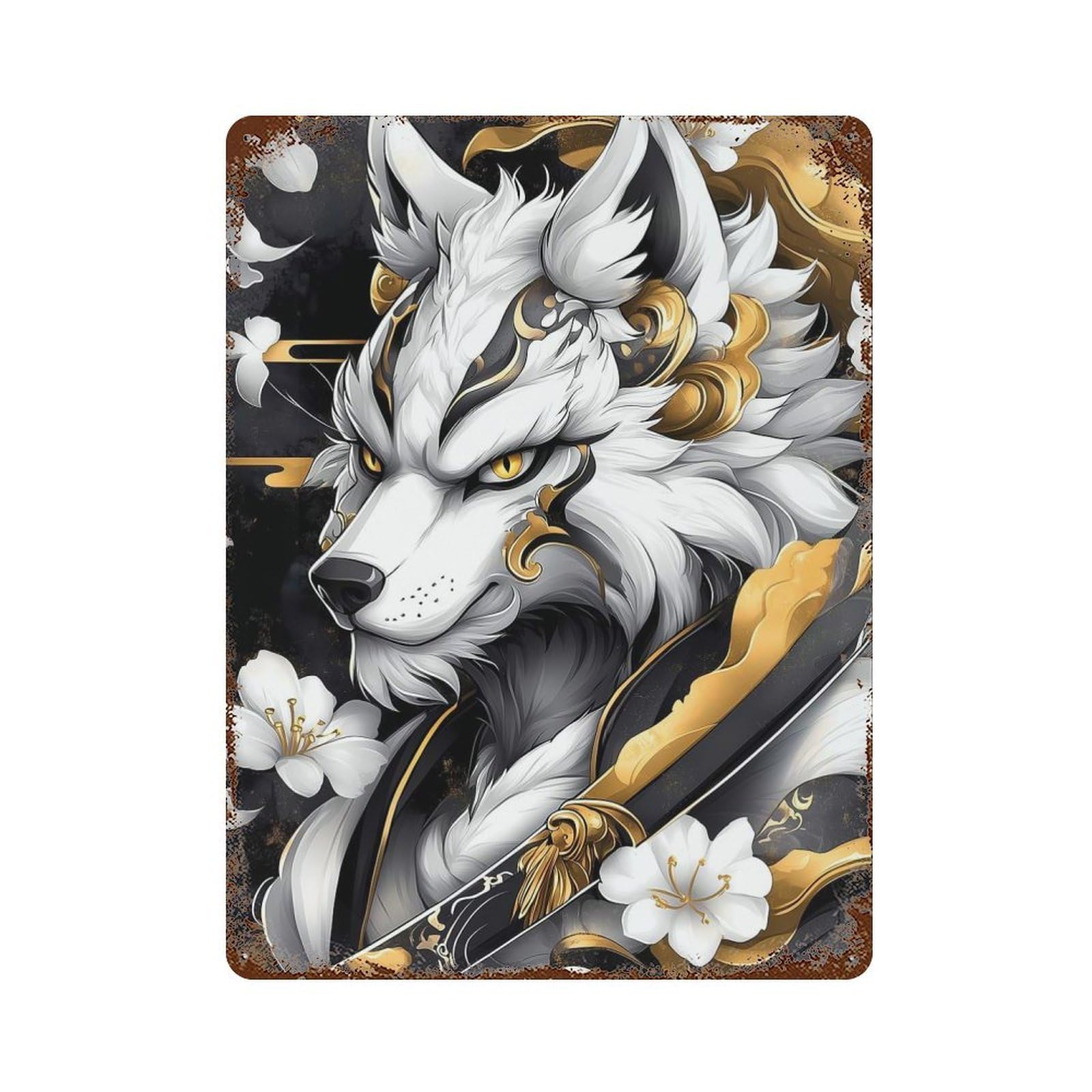 White Wolf with Gold Accents Animal Rusty Metal Tin Sign 15.7"x11.8", Old School Wall Decor for Garage, Pub Or Kitchen