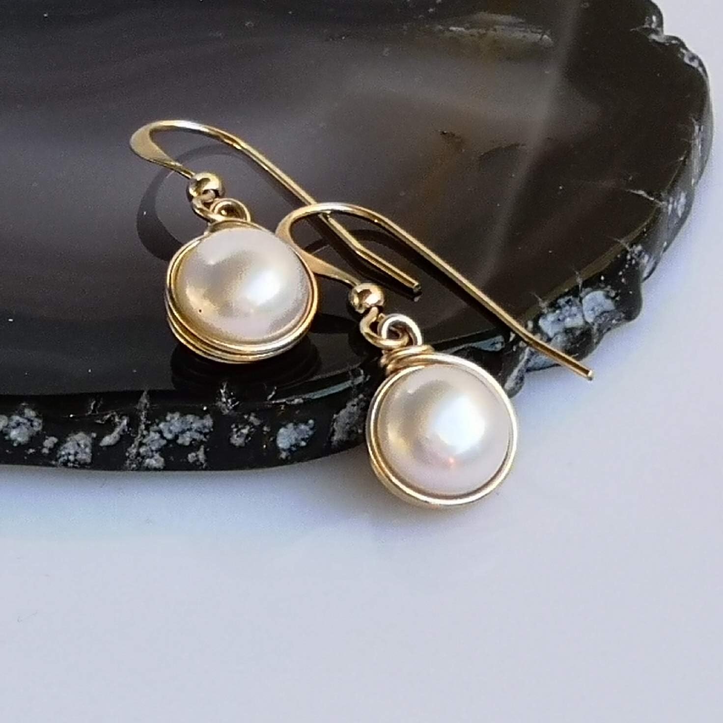 Stera Jewelry 14k Gold Filled Hand Wrapped 8mm or 10mm Cultured Pearl Earrings Weddings jewelry and Bridesmaid Gifts