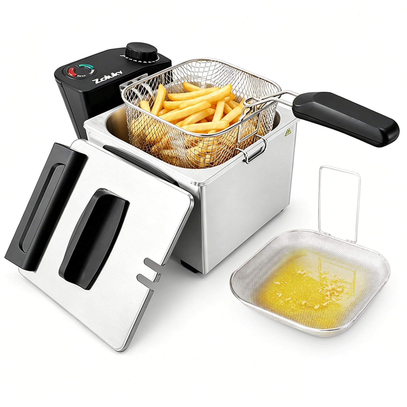 2L Mini Deep Fryer with Basket for Home Use, Electric Small Deep Fryer with Oil Filtration System and Lid