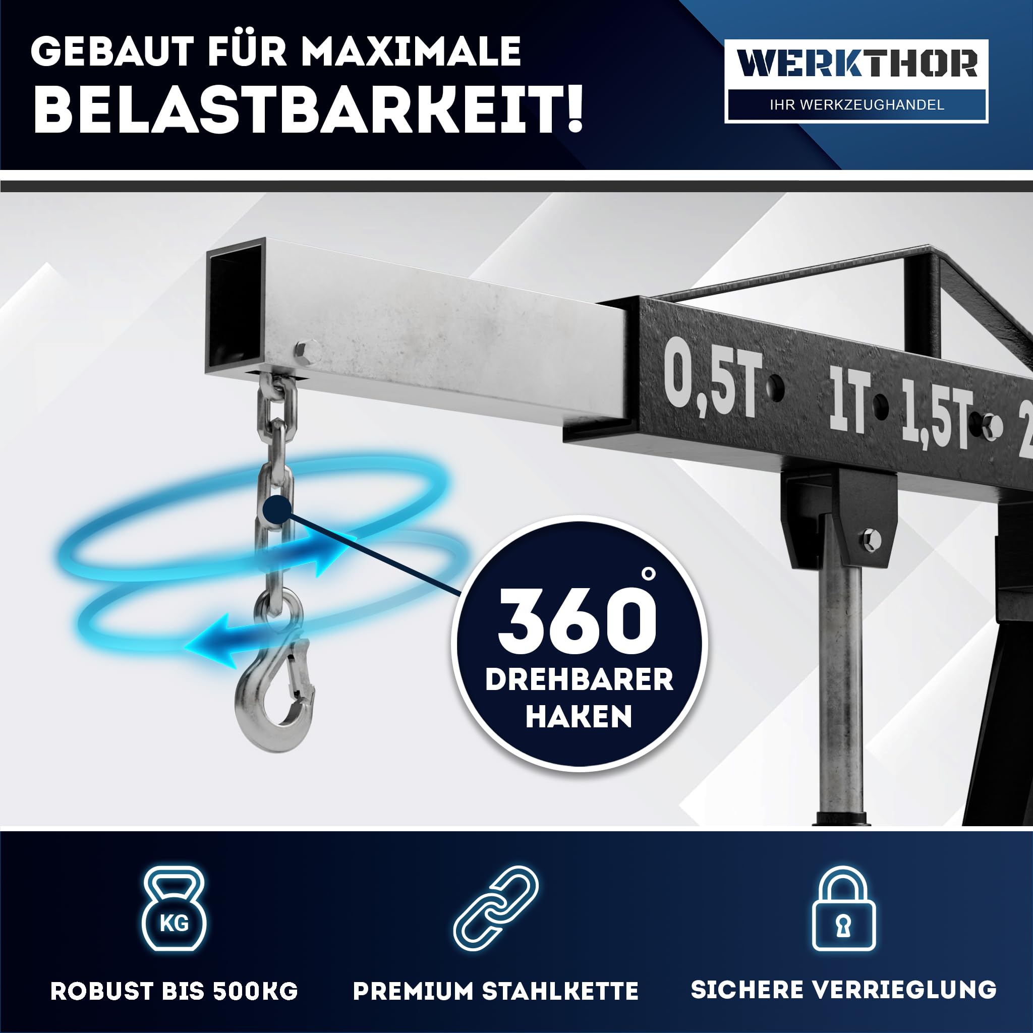 WERKTHOR Motorkran 500kg klappbar für Werkstatt – Motorheber 500KG hydraulisch & platzsparend – Werkstattkran schwarz mit 6 Rollen – Profi Hebekran für Motoren & Getriebe