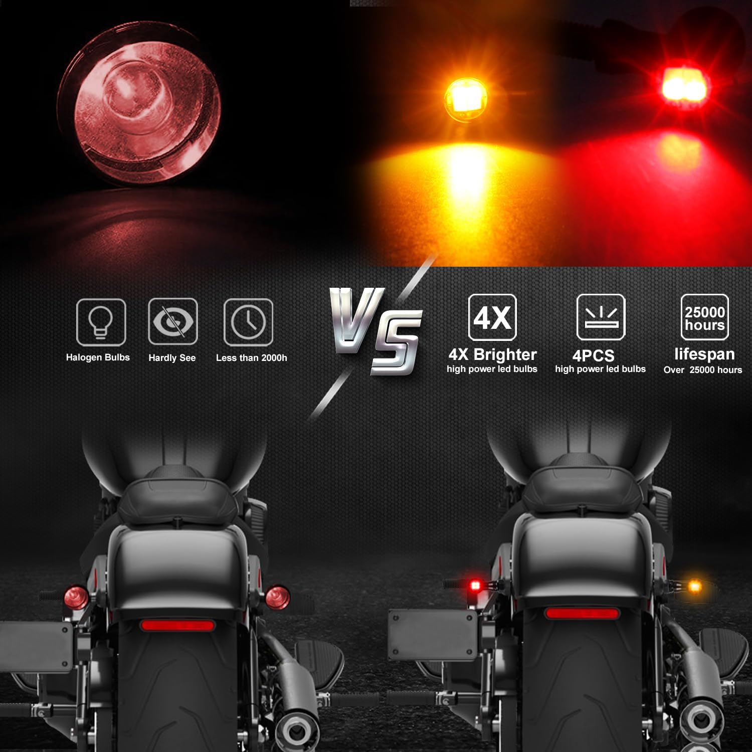 NTHREEAUTO Motorcycle Turn Signals, Universal Front Rear LED Turn Signal Light Mini Blinkers Brake Tail Lights Compatible with Harley Honda Suzuki Triumph Yamaha - 4 PCS