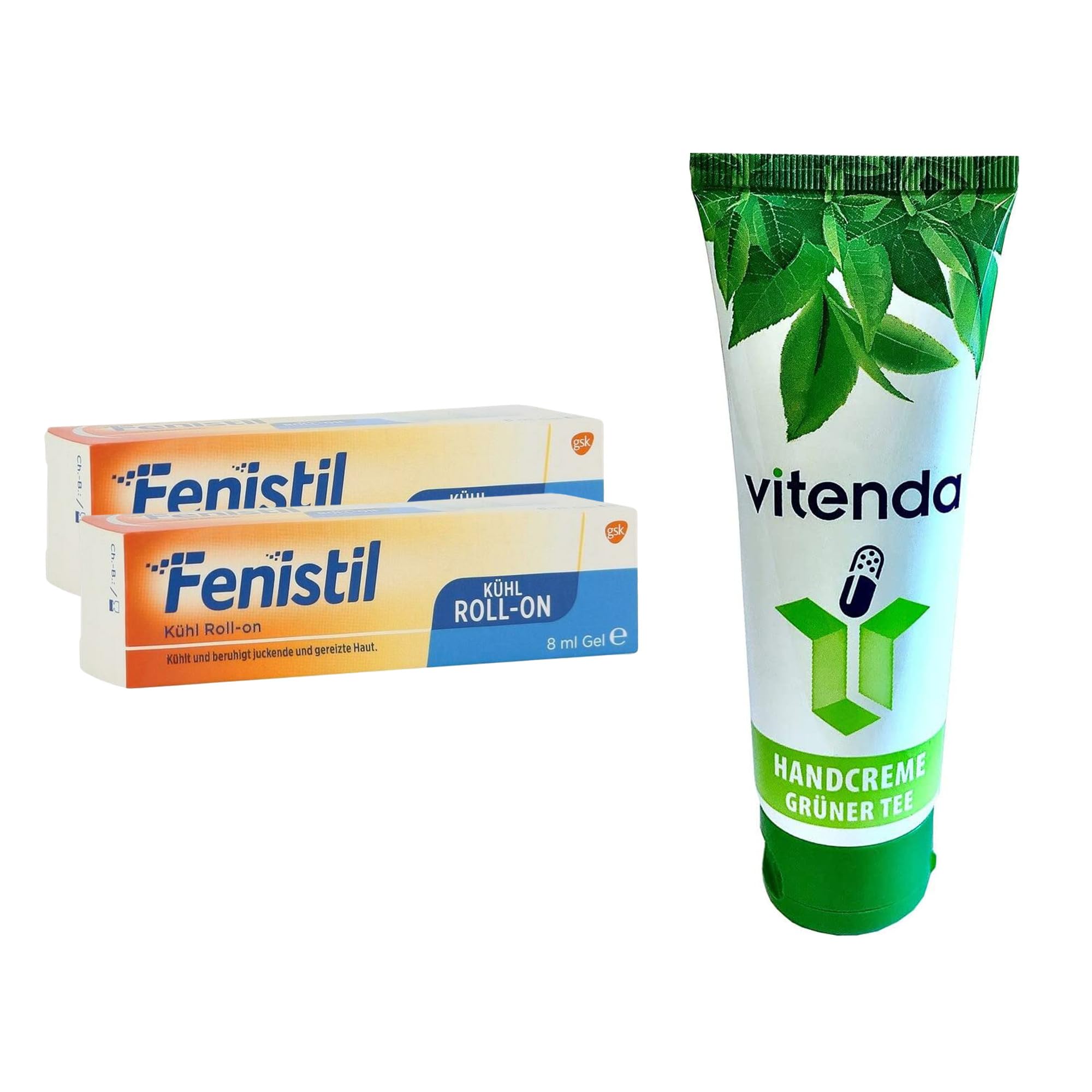 Set: Kühl Roll-on Gel mit Fenistil – lindert Juckreiz & Brennen bei Insektenstichen und Sonnenbrand, 2x8ml – inkl. vitenda Handcreme