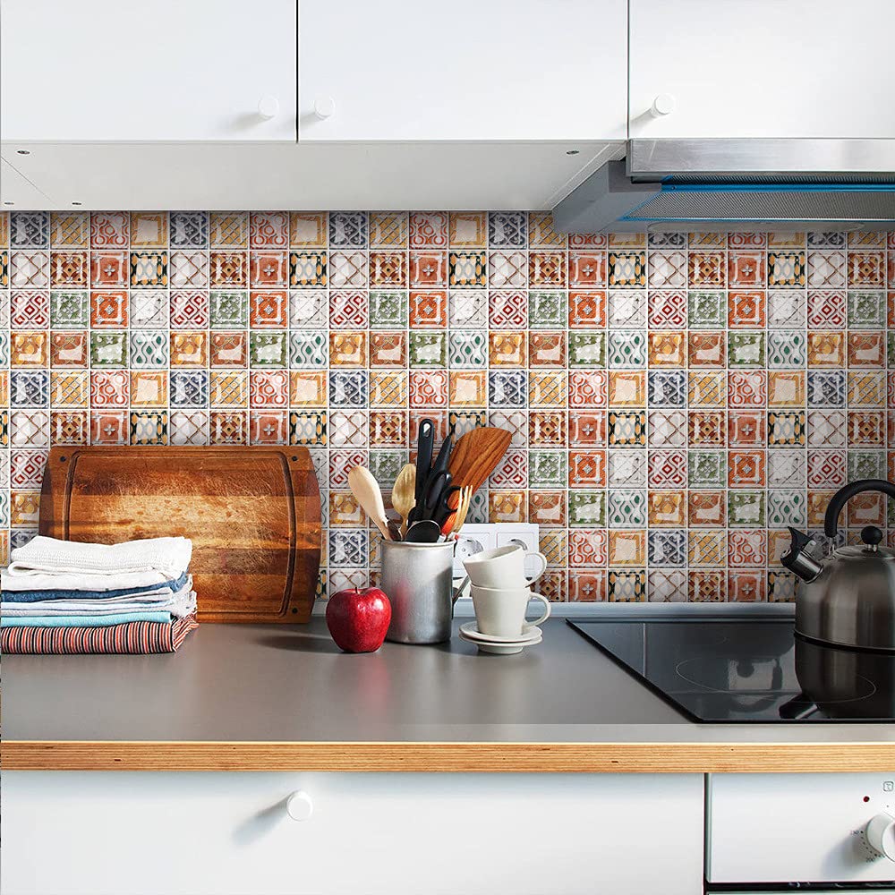 30 Pezzi Adesivi per Piastrelle per Mobili e Pareti, Hiser Boemia Mosaico Stile Impermeabile Adesivo da Parete Autoadesive Rotoli Carta per Cucina Bagno Casa Decorativo (15x15cm,Multicolore