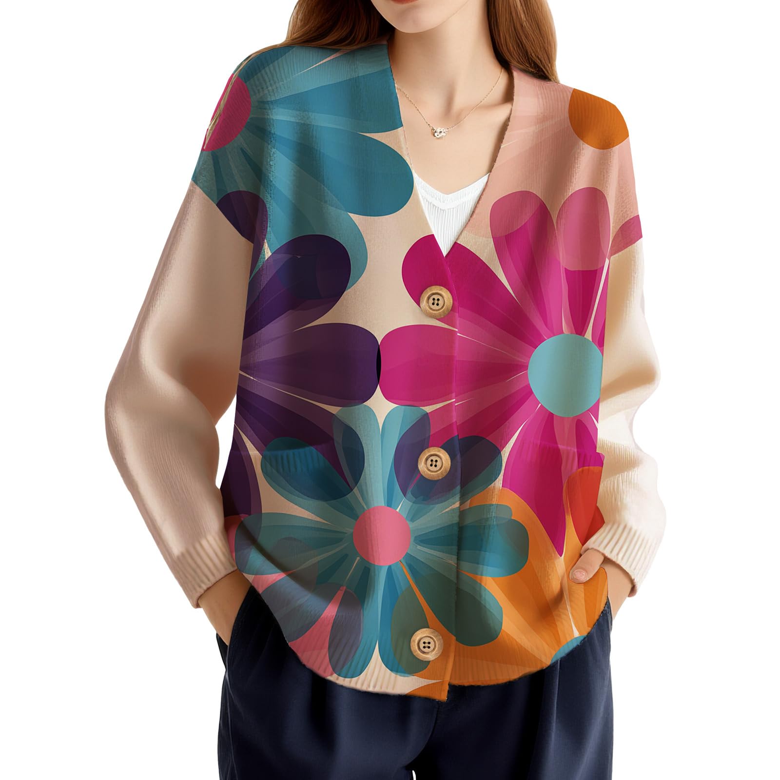 Womens Knit Oversized Sweater Coat Cute Floral Sweaters Cardigan V Neck Button Down Warm Fall Pullover Cardigan Jacket