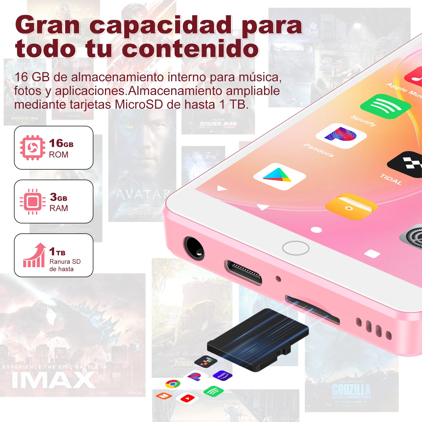 16GB Reproductor MP3 con WiFi Bluetooth, Pantalla IPS táctil 4.02" | Reproductor de música para niños, Reproductor MP4 Android 13 con Spotify, Audible, Deezer, Externo hasta 1TB, Pink