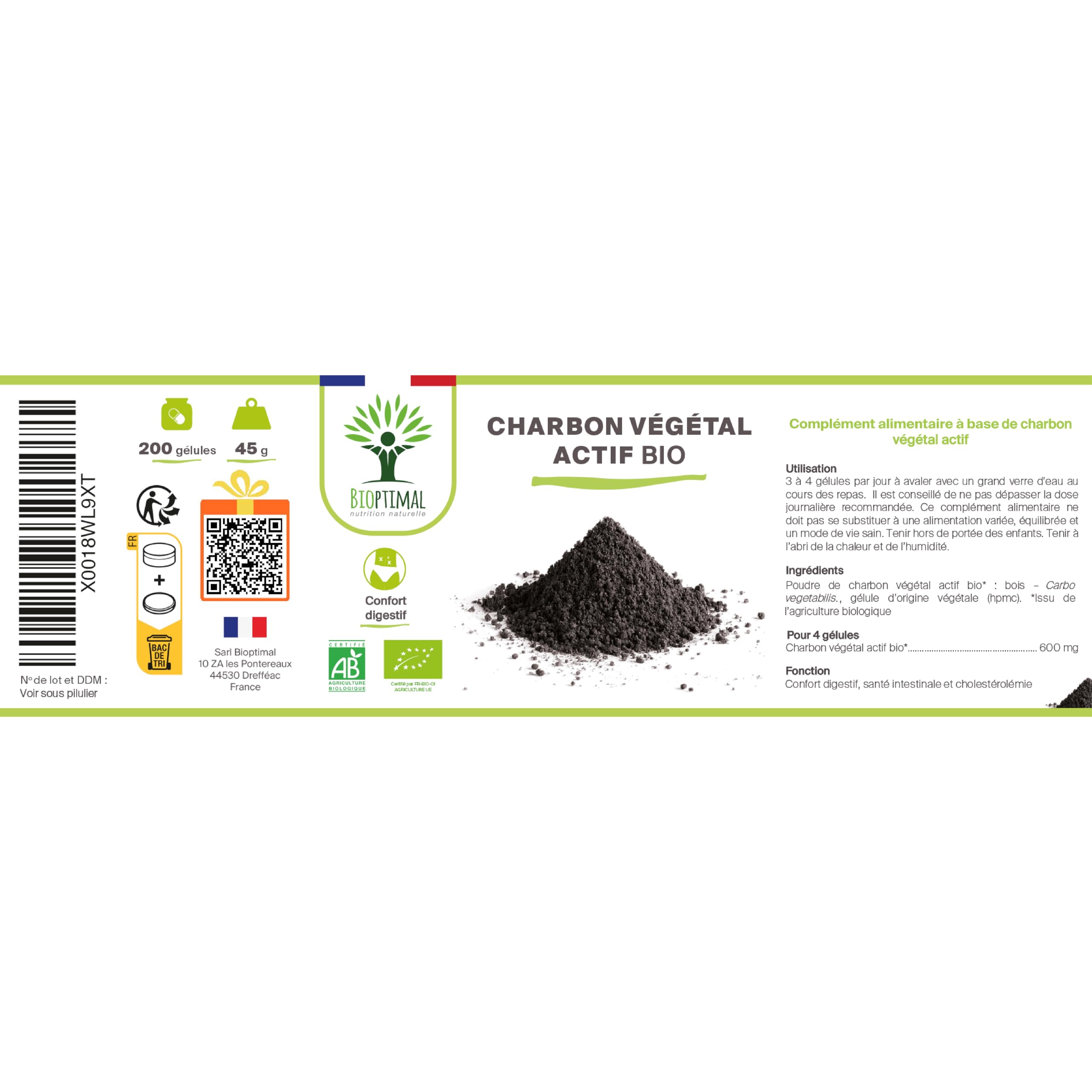 Charbon Végétal Actif - Bioptimal - Complément Alimentaire - Ventre Plat Digestion Anti-Ballonnement Gaz - 150 mg de Poudre Active Pure par Gélule - Fabriqué en France - Certifié Ecocert - 200 gélules