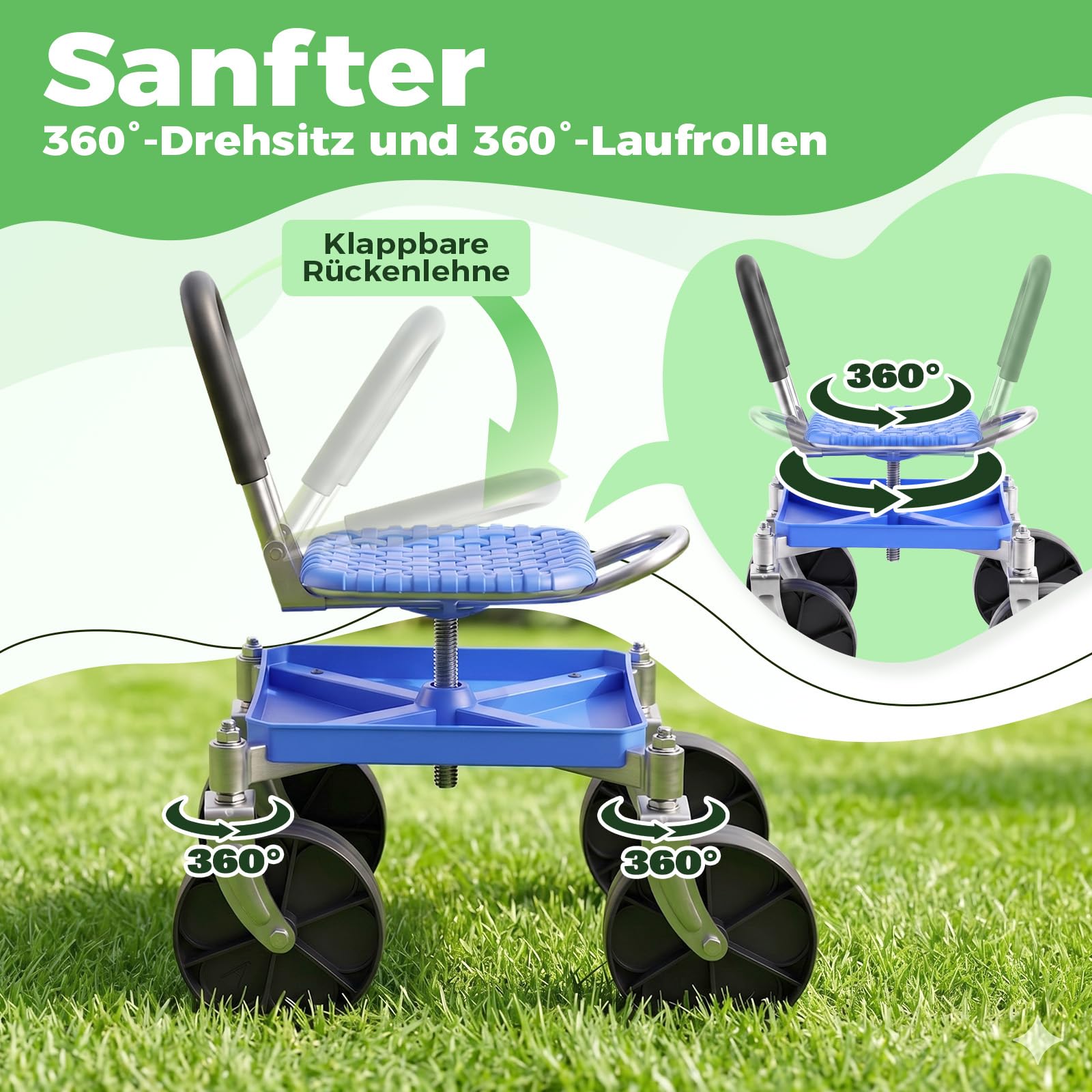 Gartensitz mit Rollen, Garten Rollsitz Gartenhocker, 360° Drehbarer | Rollbarer Gartenwagen mit Griff und Ablagefach, Höhenverstellbar, Tragkraft 150 kg, für Gartenarbeit & Autopflege