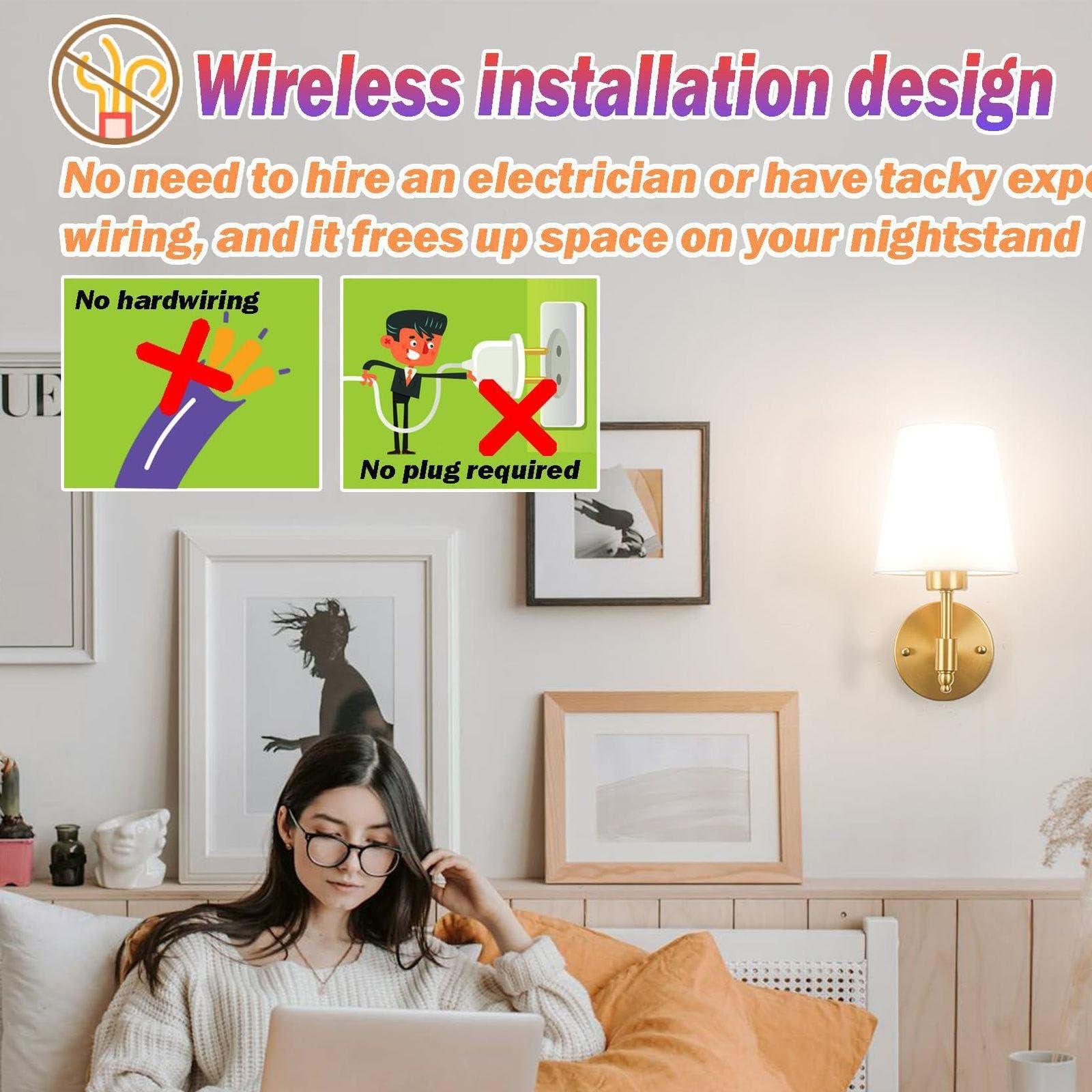 Set di 2 applique da parete, luci ricaricabili, luci a batteria, RGB dimmerabili a 15 colori, lampadine ricaricabili, lampada senza fili per interni, camera da letto, bagno, soggiorno (Dimensioni: 2