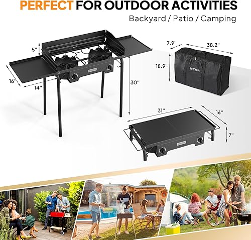 Miniatura 6 de ROVSUN Estufa de gas propano para exteriores de 2 quemadores con regulador, panel de viento, bolsa y estantes laterales, potente olla de pie de