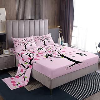 Erosebridal Cartoon Panda Sheet Set Full Size Cherry Blossom Bed Sheets for Girls Boys Kids,Butterfly Floral Botanical Fitted Sheet Lovely Bear Wild Animals Flat Sheet Ethnic Kawaii Room Decor,Pink