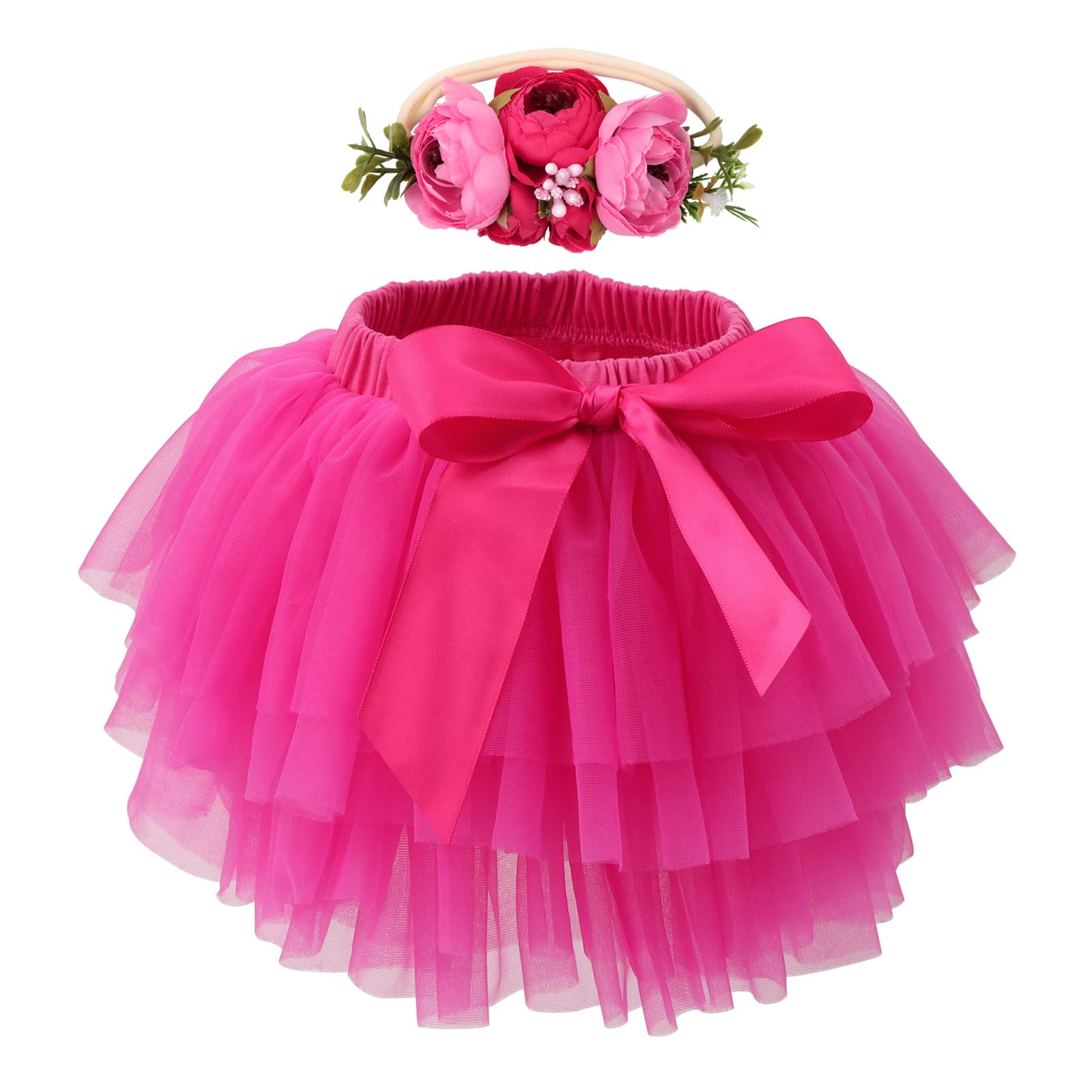 HOOLCHEAN Baby Girls Soft Tutu Skirt and Flower Headband Sets with Diaper Cover Rosy, 1-2T