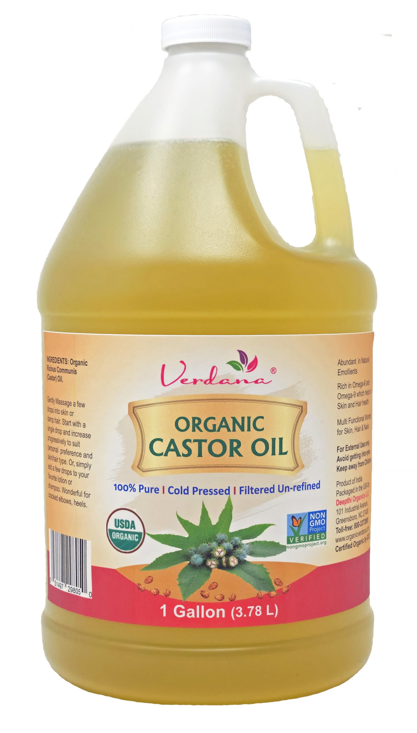 Organic Castor Oil 1 Gallon (128 fl oz) – USDA Certified Organic, Cold Pressed, Hexane-Free – For Hair, Eyelashes, Skin & Castor Oil Packs