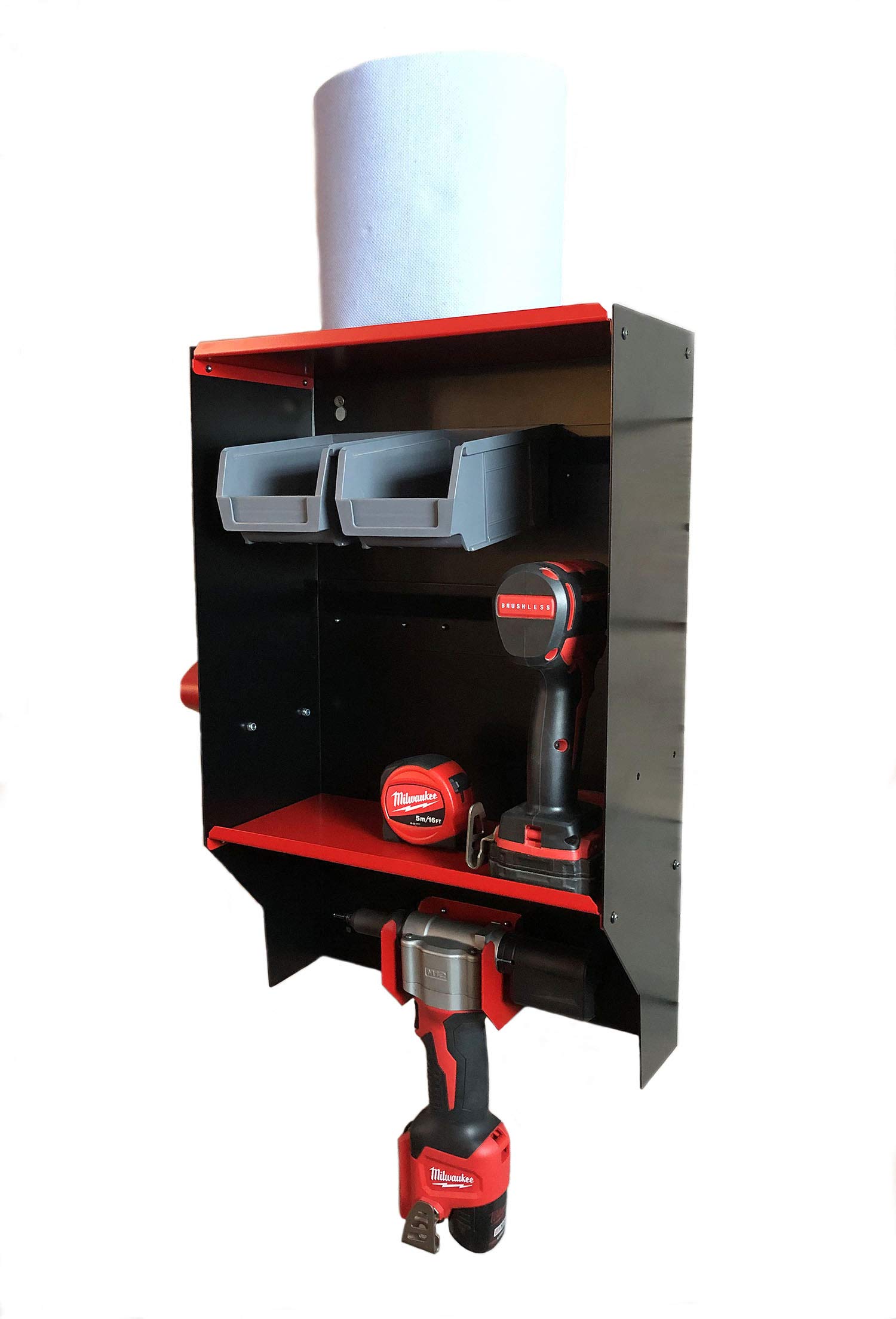 Megamaxx Milwaukee Red Pop Rivet And Power Tool Storage Unit And Charging Station For Milwaukee M12bprt-0 M12 Kit With Rack And Shelf - Workshop, Diy Garage, Industrial Tools Organiser (Wall Mountable, Red)