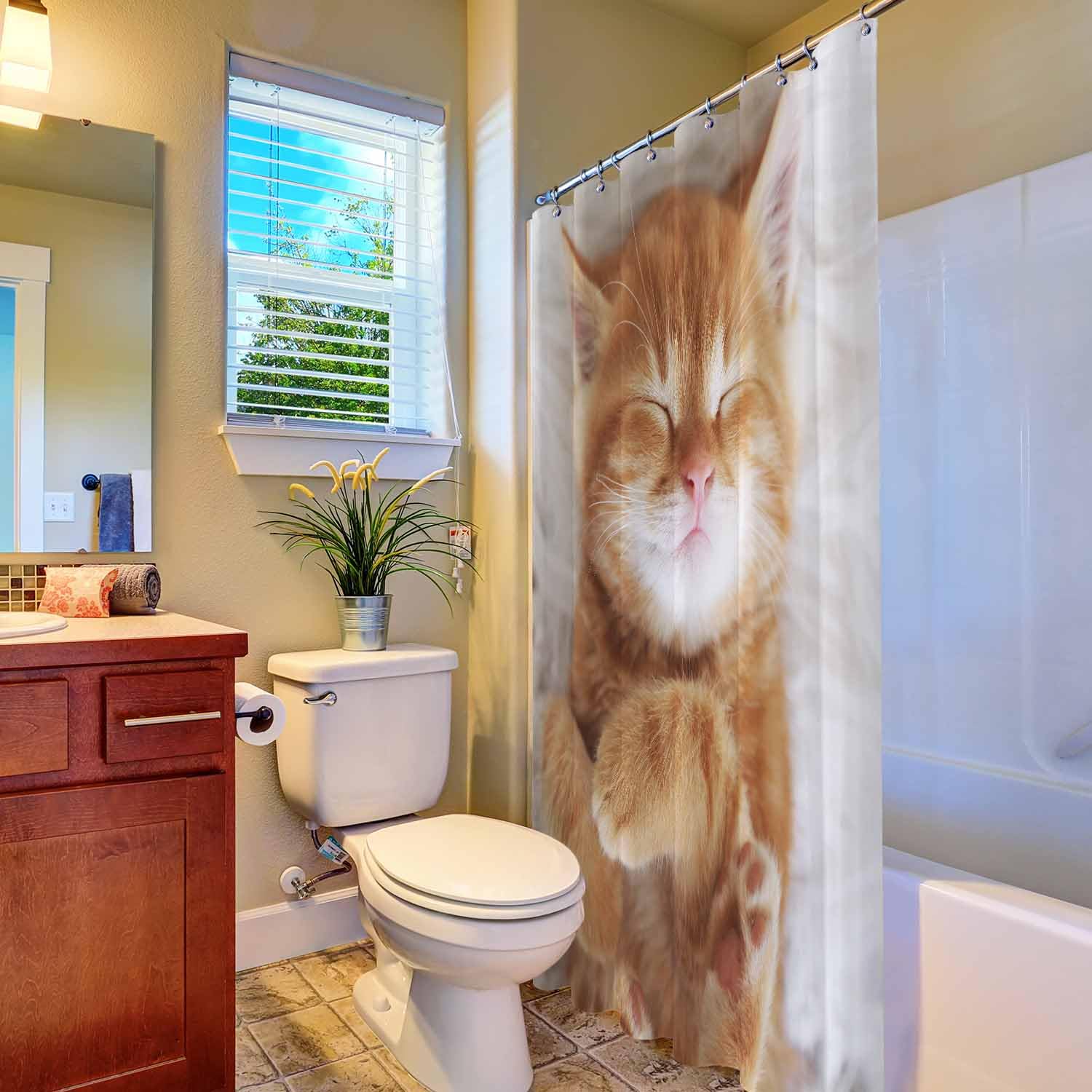 Woutay Shower Curtain Mould Proof Resistant Cute Sleeping Kitten,Water Repellant Fabric,Polyester,with 12 Plastic Hooks - Image 4