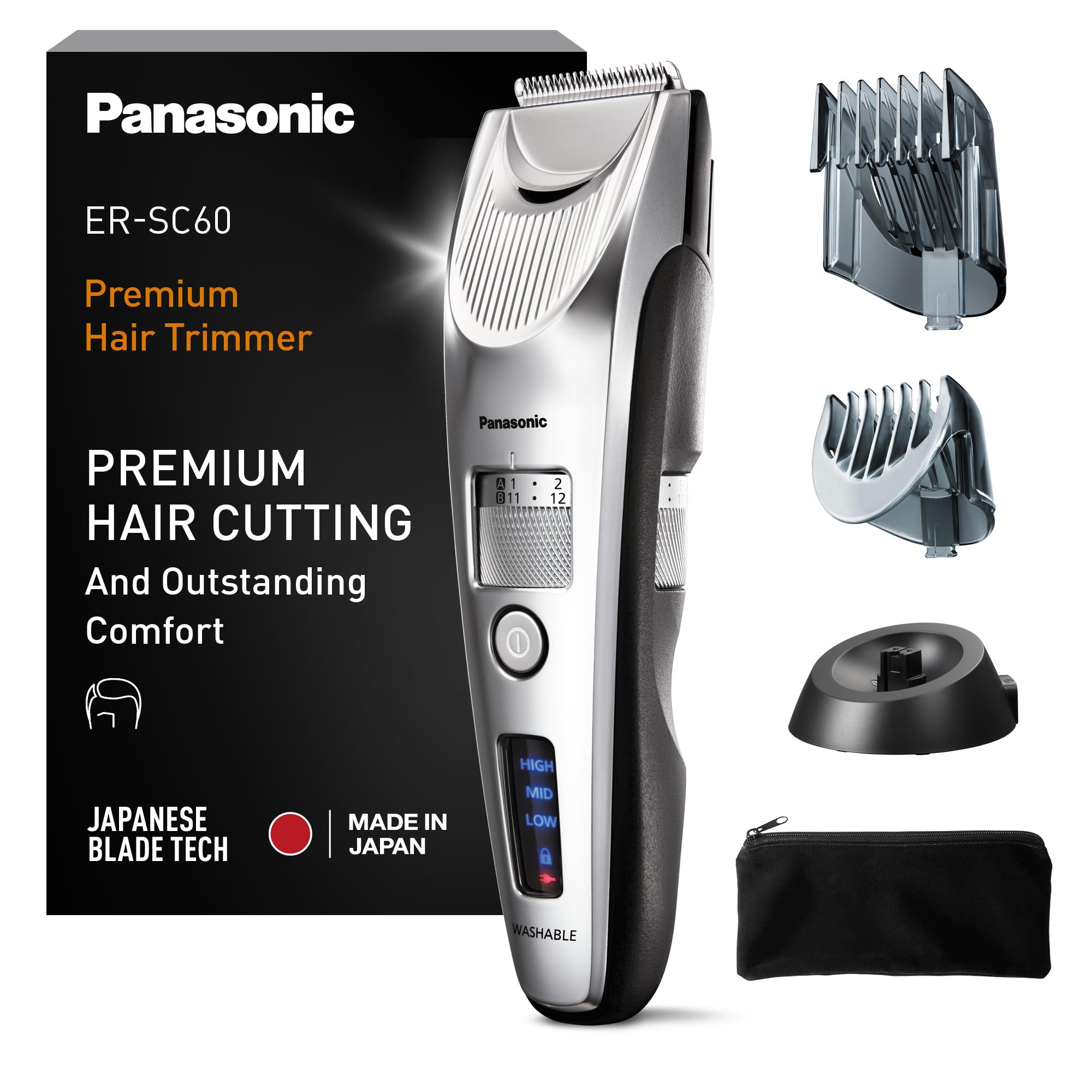 Panasonic ER-SC60-S803 Tondeuse à Cheveux pour Hommes, Portable Sans Fil et Étanche, Lames Supérieures, 20 Longueurs Réglables, 2 Accessoires, Avec ou Sans Fil, Socle de Chargement, Argenté