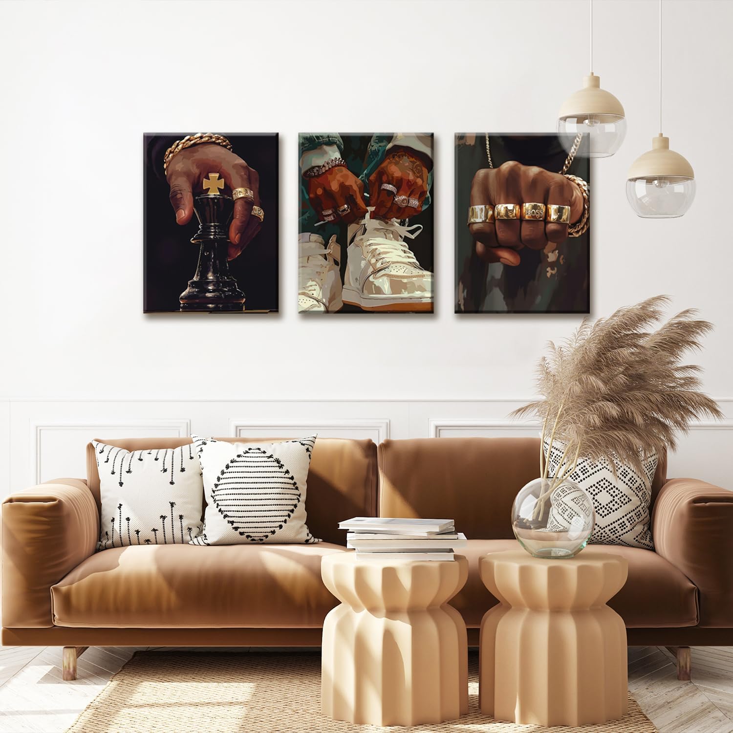 3Pcs Hip Hop Black Men Wall Art Urban African American Man Wall Decor Fashion Male Posters Prints Boss Rings Pictures King Chess Gold Chain Street Painting for Living Room Bedroom 16x24in Canvas