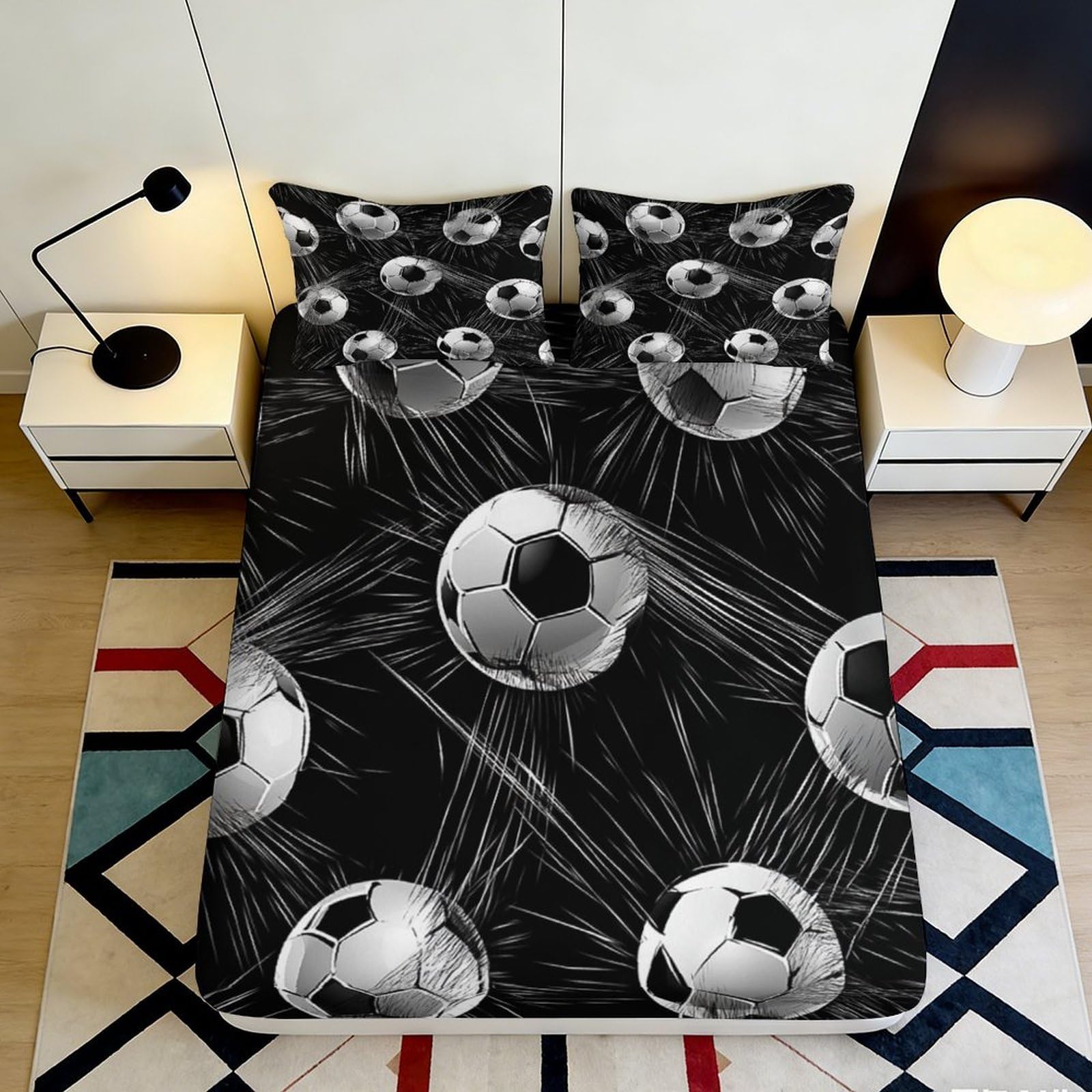 3D Printed Football Design Fitted Sheet Microfiber Deep Pocket Non-Slip Full Wrap Mattress Fitted Cover for Adults Teens 90x200x25cm