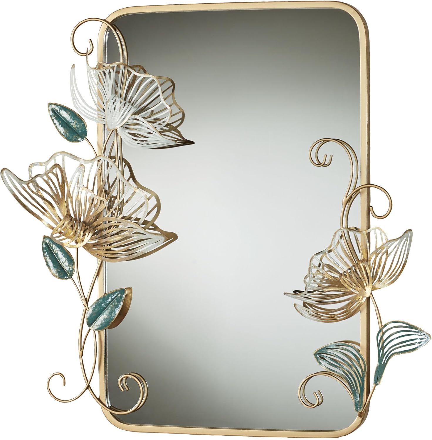 Floral Whisper Wall Mirror | Hand-Finished Metallic Gold with Ivory, Green, and Glitter Details | Rounded Corner Rectangular Panel Wall-Mounted Mirror | Openwork, Layered Flower Blossoms and Leaves