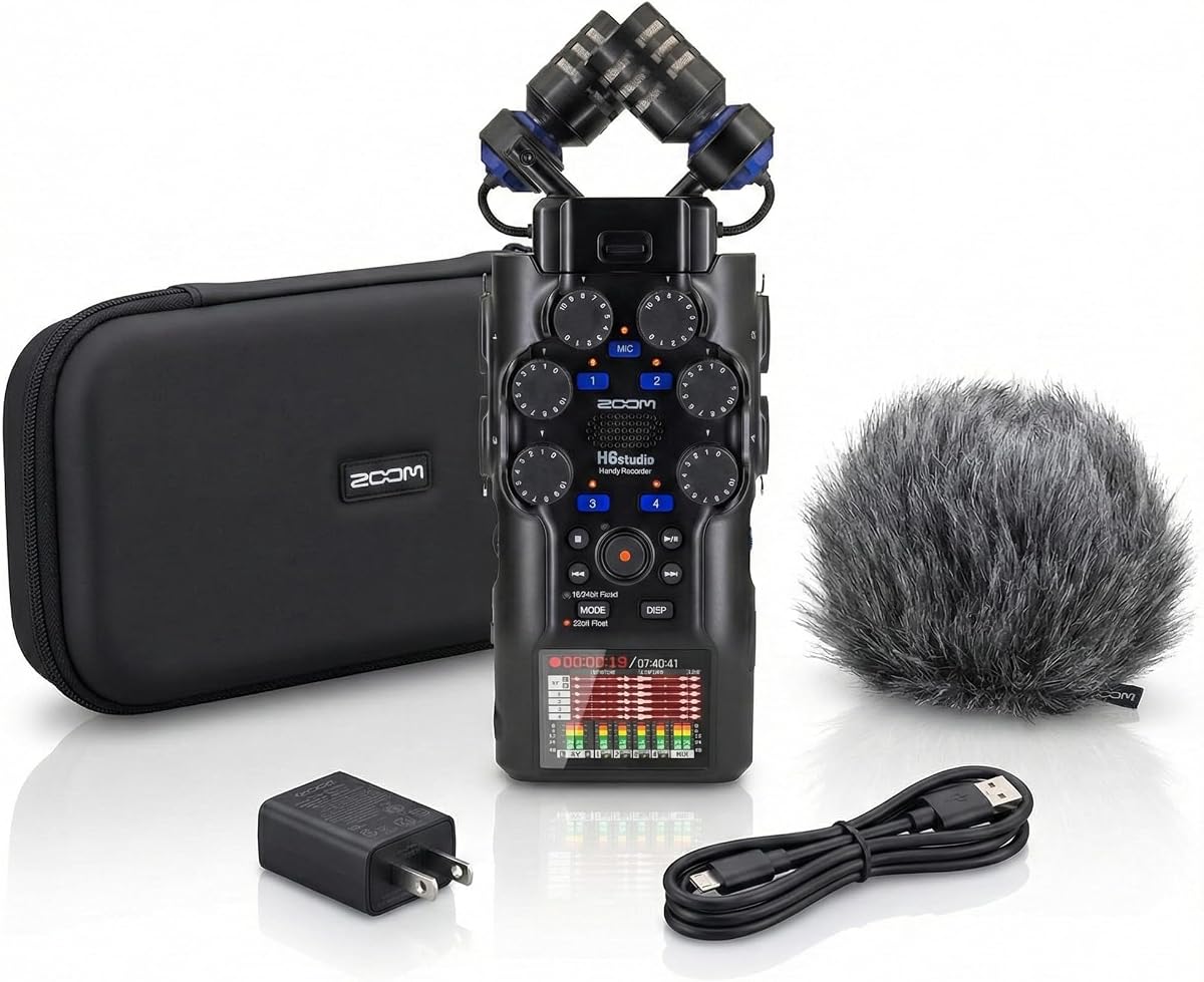 Zoom H6studio 8-Track 32-Bit Float Recorder Bundle with APH-6st Accessories | Includes Zoom APH-6st Accessory Pack with hairy windscreen, padded case, AC adapter and USB-C cable.