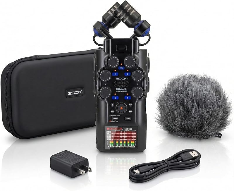 Zoom H6studio 8-Track 32-Bit Float Recorder Bundle with APH-6st Accessories | Includes Zoom APH-6st Accessory Pack with hairy windscreen, padded case, AC adapter and USB-C cable.