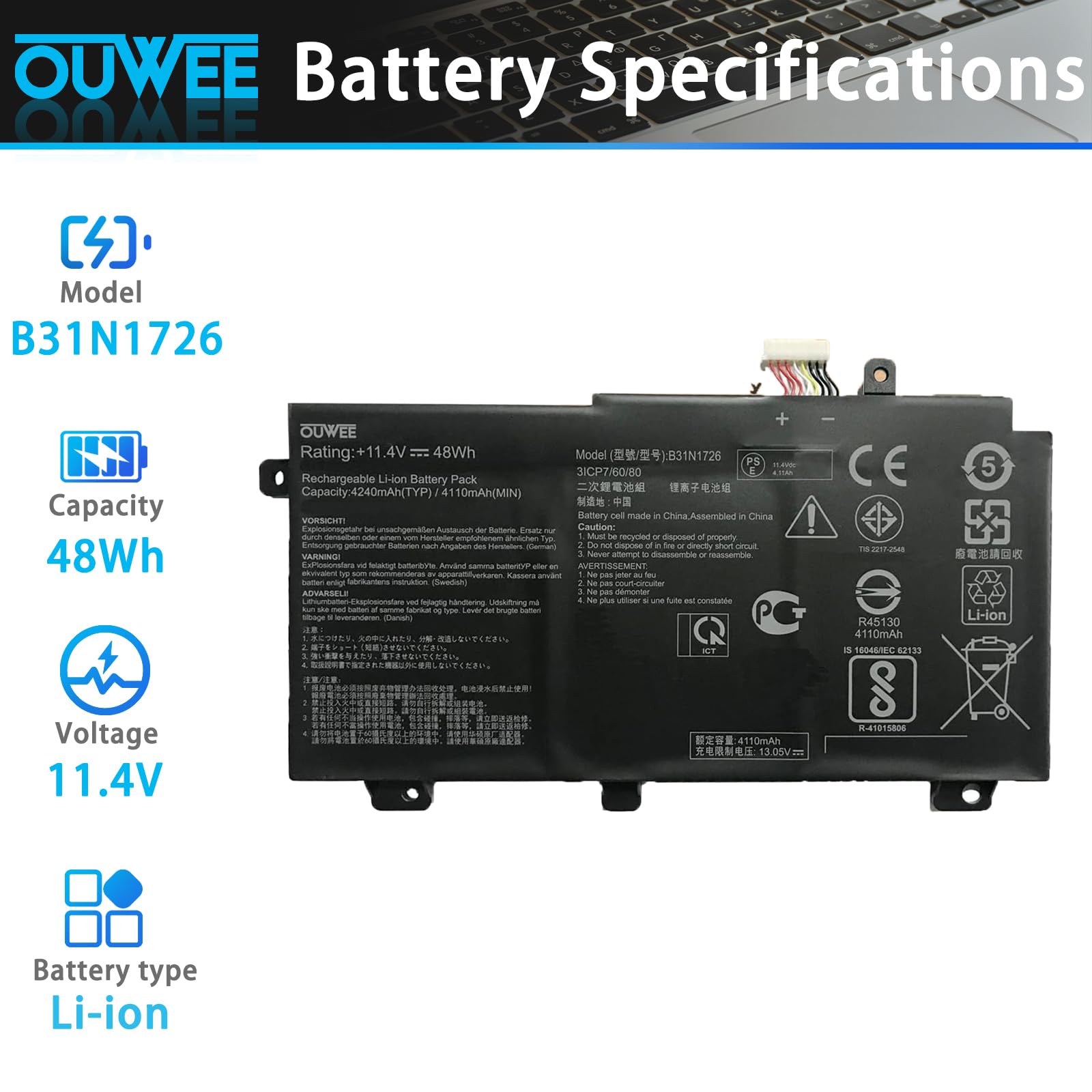 OUWEE B31N1726 Battery for Asus FX80 FX86 TUF FX504 FX504G FX504GD FX504GE FX504GM FX505 FX505DT FX505DV FX505DU A15 FA506IU A17 FA706II Serie 11.4V 48Wh(Shape-A
