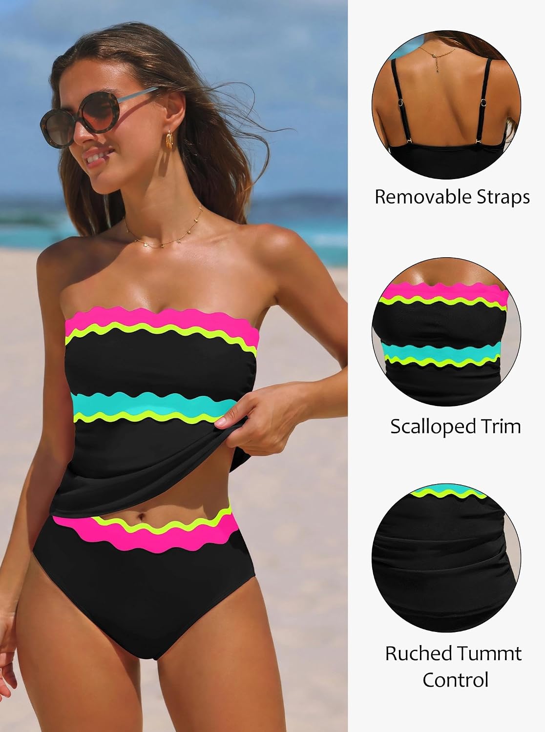 popvil Strapless Tankini Swimsuit for Women 2 Piece Bathing Suit | Removable adjustable straps,Scallop trim neckline,Ruched Bandeau top,High waisted bottom,Pool to resort styling