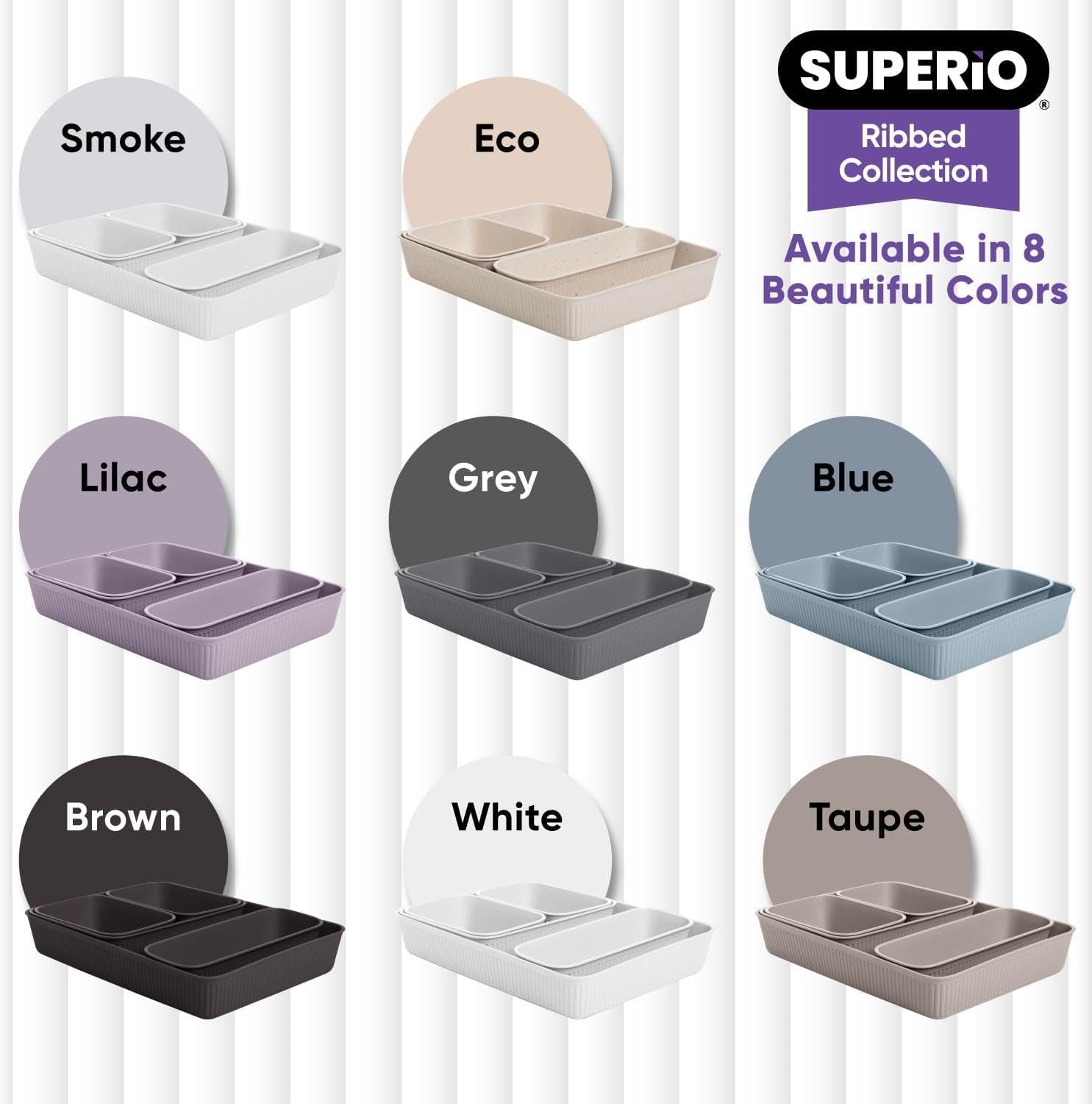 Superio Rib Collection - Vassoio decorativo in plastica per cassetti da scrivania, bianco (set di 5), contenitori portaoggetti aperti per la casa, per organizzare armadi, mensole e cassetti