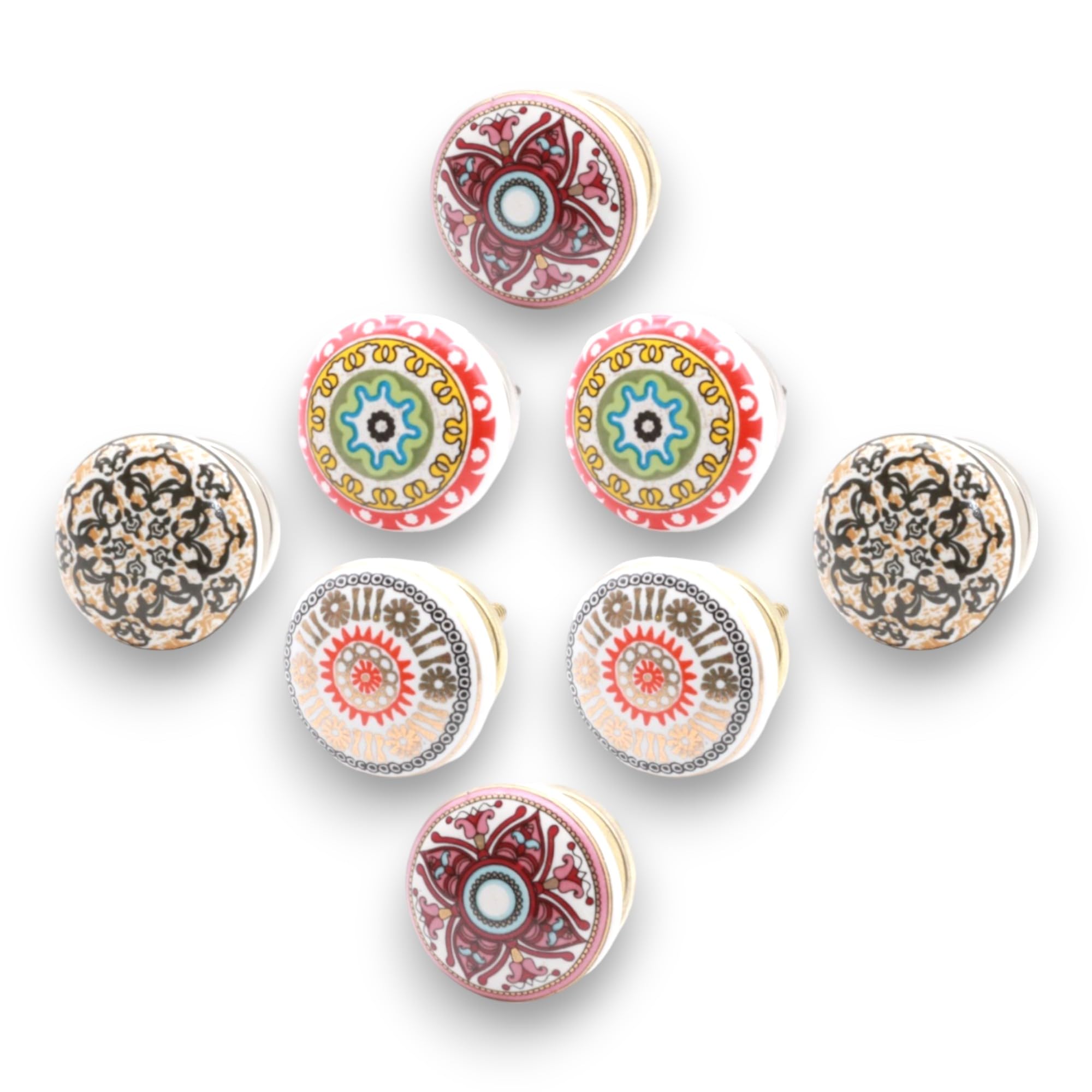 Infinity Decor Set of 8 Geometric Colorful Mandala Pattern Ceramic Cupboard Knobs