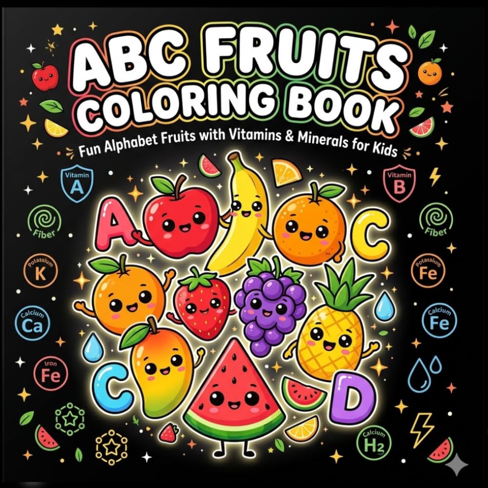 ABC Fruits Coloring Book for Kids: A to Z Alphabet Fruits with Vitamins and Minerals | Cute Healthy Food Coloring Pages for Toddlers, Preschoolers, and Early Learners