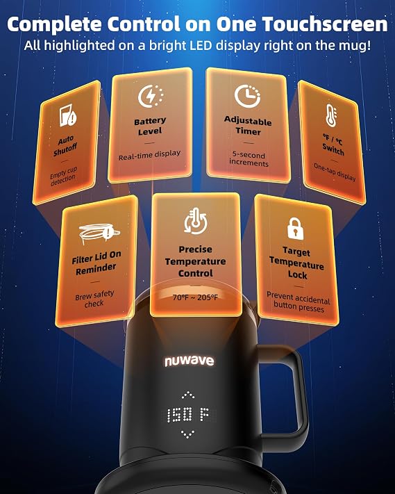 Nuwave Smart Heated Coffee Mug Rechargeable, 16oz Self Heating Temperature Control Mug with LED Display, Custom Brew Modes, Double-Wall Vacuum Insulation, 5-Hour Battery Life, Auto Shut-Off