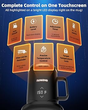 Nuwave Smart Heated Coffee Mug Rechargeable, 16oz Self Heating Temperature Control Mug with LED Display, Custom Brew Modes, Double-Wall Vacuum Insulation, 5-Hour Battery Life, Auto Shut-Off