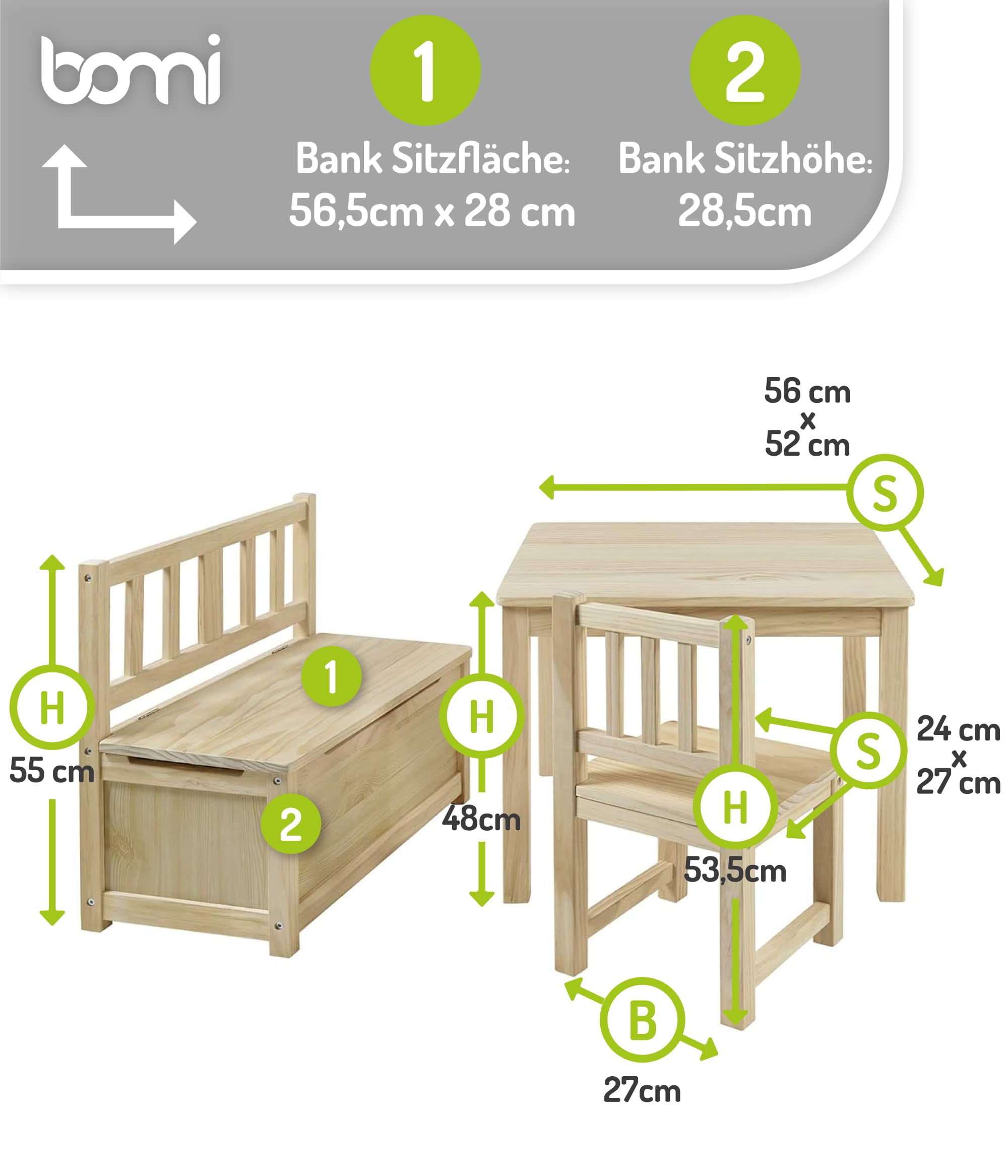 Bomi Kindersitzgruppe Anna mit integrierter Spielzeugkiste | Kinderzimmer-Set inkl. Kindertisch mit 2 Stühlen & Kindertruhenbank | Kindermöbel aus FSC nachhaltigem Kiefern Massiv Holz | Naturbelassen
