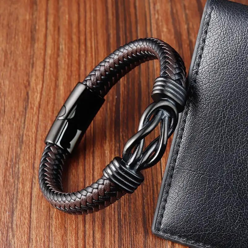 Image of THE MEN THING Leather Bracelet for Men - American Style Genuine Leather Multi-Layer Braided Bracelet with 100% Stainless Steel Magnetic Buckle for Men & Boys (8 inch)