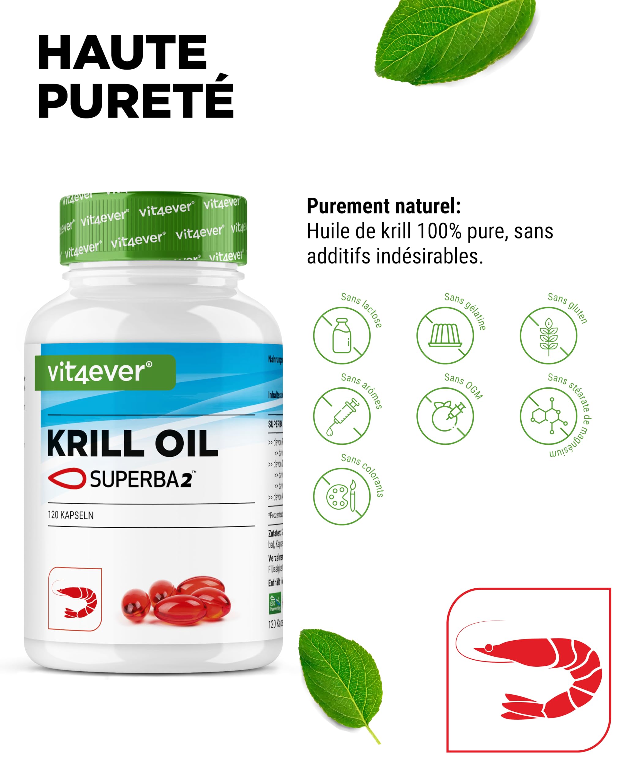 Huile de Krill - 120 Capsules - Premium : Huile de Krill de l'Antarctique Superba - Riche en EPA + DHA + Astaxanthine + Phospholipides + Acides Gras Oméga 3 - De Culture Durable