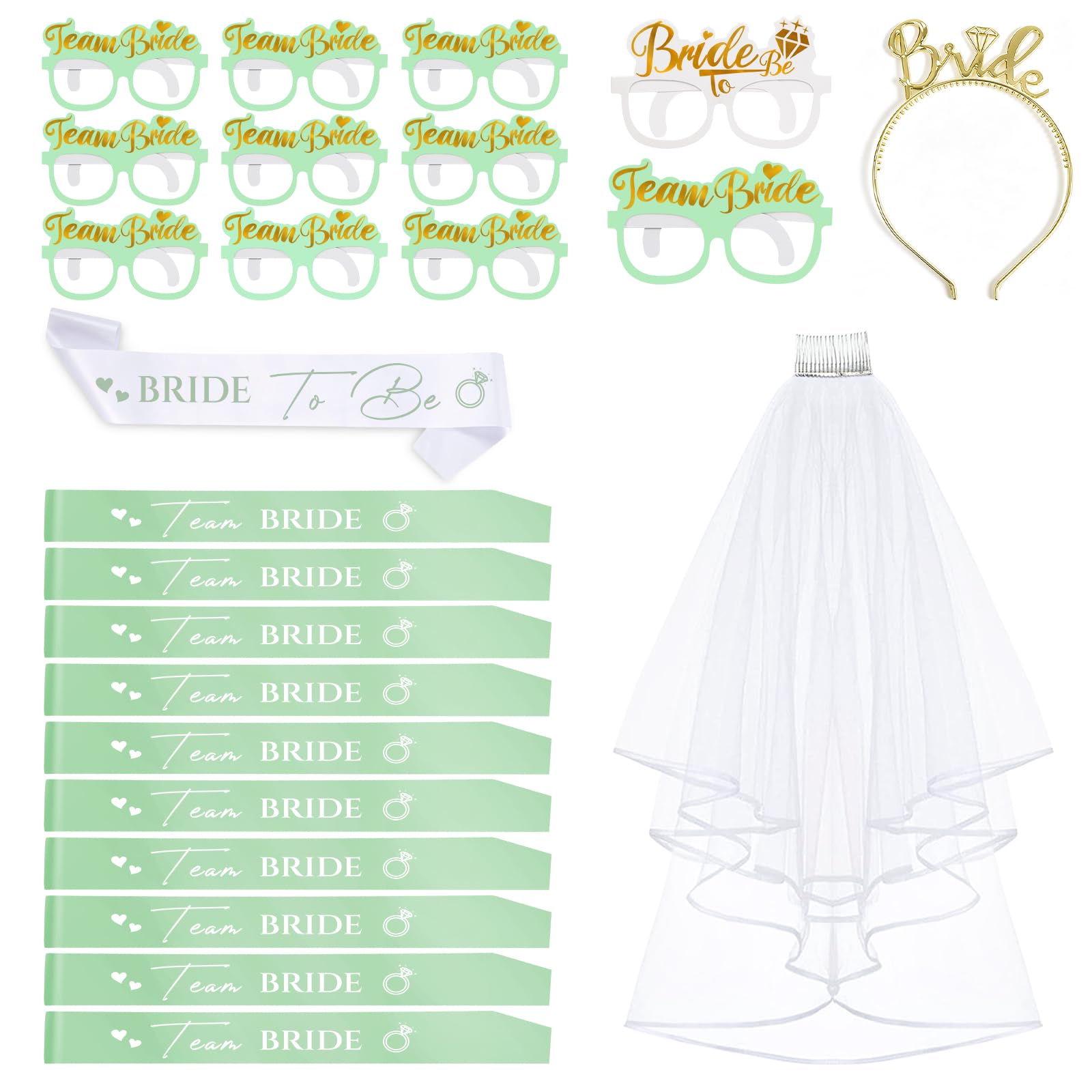 Yueshop 24 PCS Hen Party Accessories, 1 Bride to be Sash, 10 Team Bride Sashes, 11 Hen Party Glasses, 1 Hen Party Veil, 1 Bride to be Tiara, Hen Do Accessories, Hen Night Accessories (Sage Green Gold) — image 1