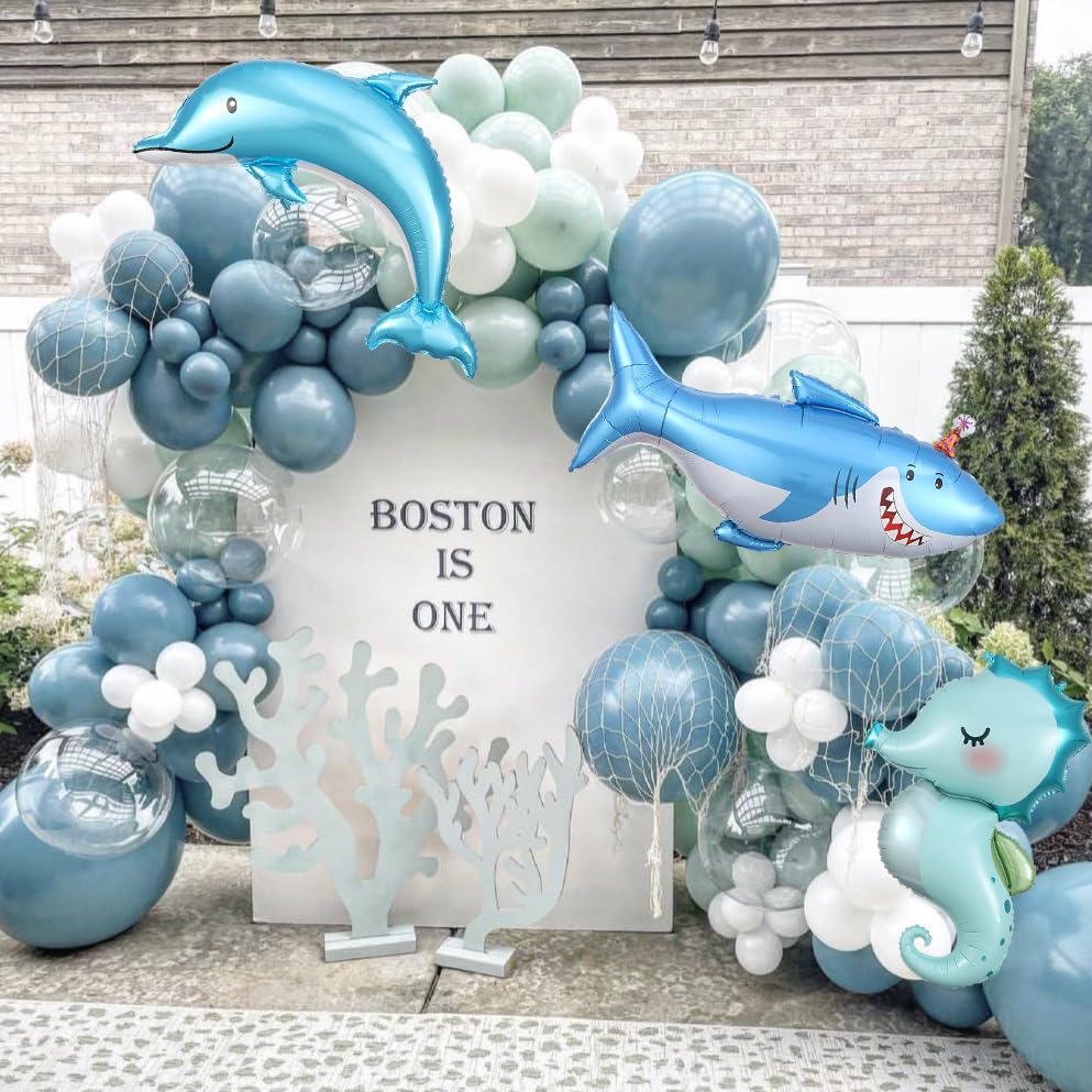 Image of Under the Sea Party Decorations, 154pcs Slate Blue Mist Green Balloon Garland Arch Kit, Bubble Balloons with Dolphin Shark Hippocampus Foil Balloon for Ocean Birthday Party Supplies Shark Party Decor