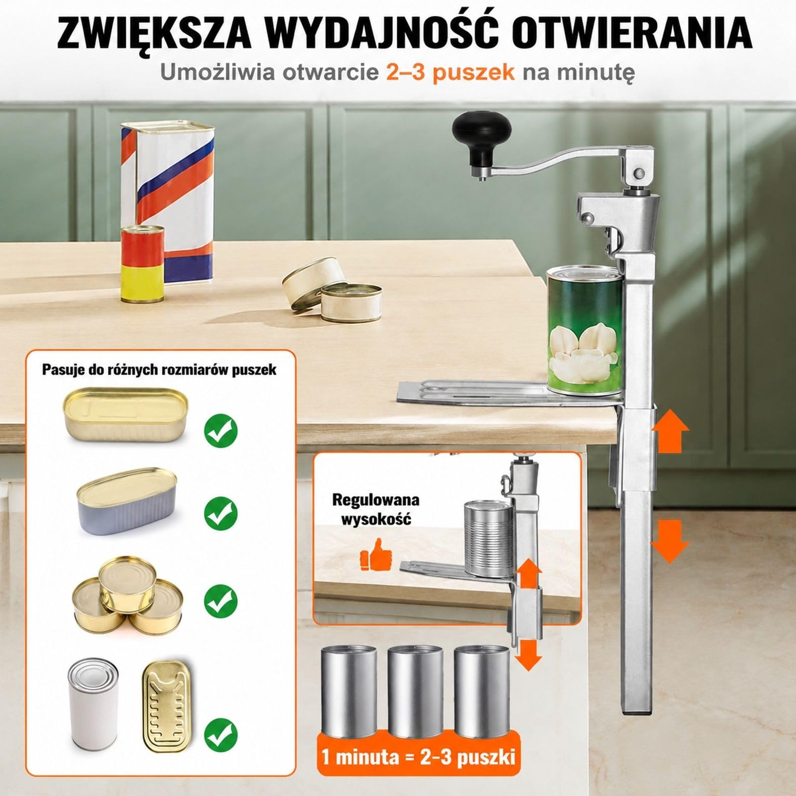 Ręczny otwieracz do puszek na blat, model z regulacją wysokości do restauracji, hotelu i sklepu spożywczego