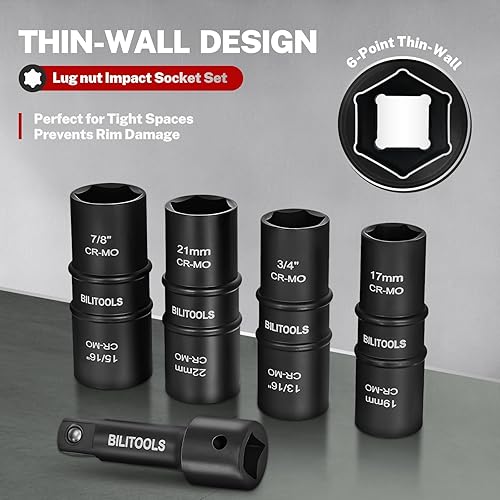 Miniatura 5 de BILITOOLS Juego de tuercas de impacto de 12 pulgada, métrico de 17-19 - 0.827-0.866in y SAE 34-1316-78-1516 pulgadas, Cr-Mo delgado protector de
