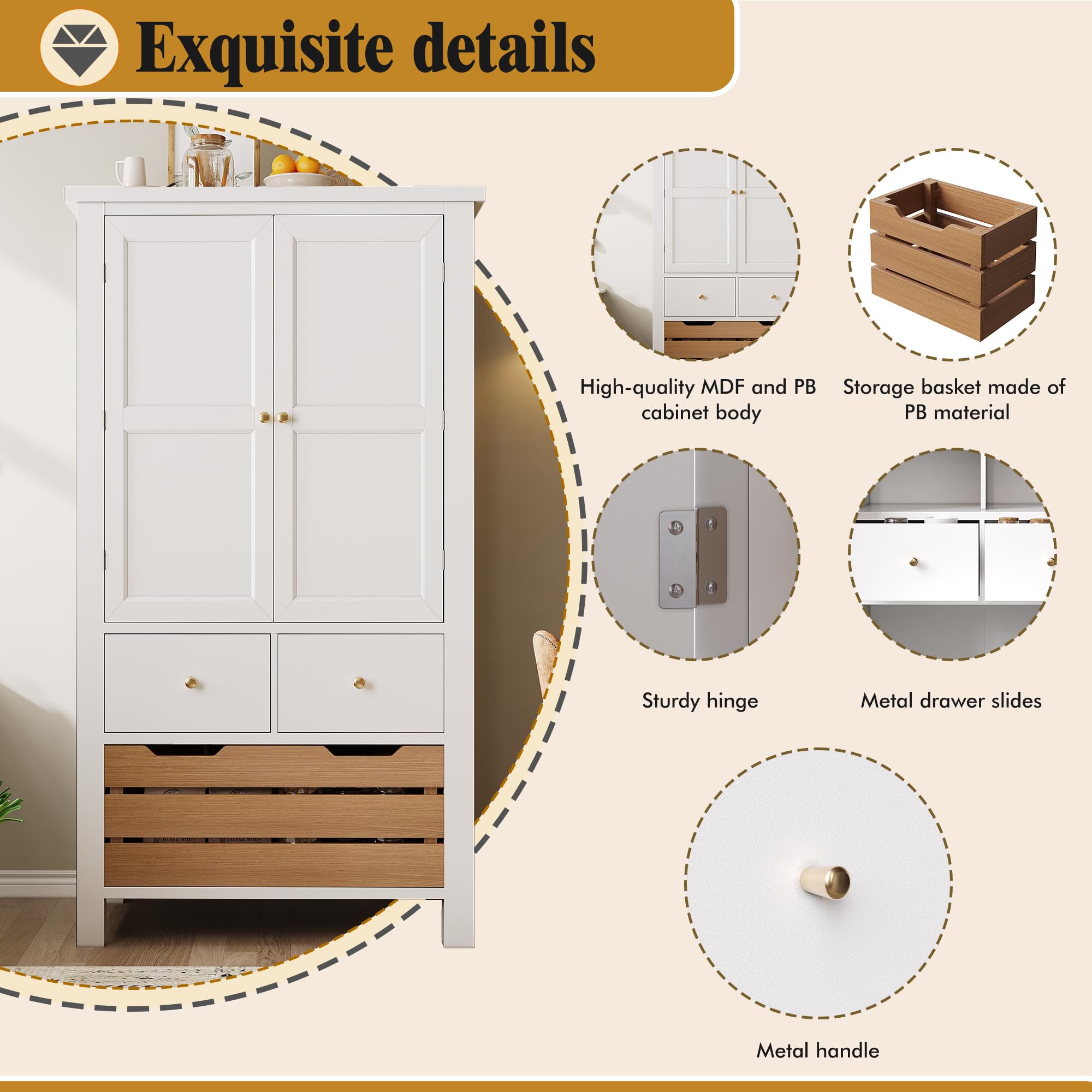 Kebnor Küchenschrank (80x40x140cm), hohes Küchenbuffet, Mehrzweckbuffet, Snackschrank, Aufbewahrungsmöbel mit Zwei Türen und fünf Schubladen (weiß)