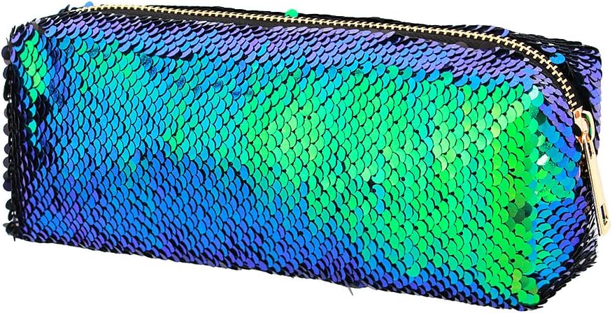 Liliam Women Fashion Sequins Pencil Case Pen Holder Stationery Pouch Cosmetic Makeup Evening Bag(Green&Black)