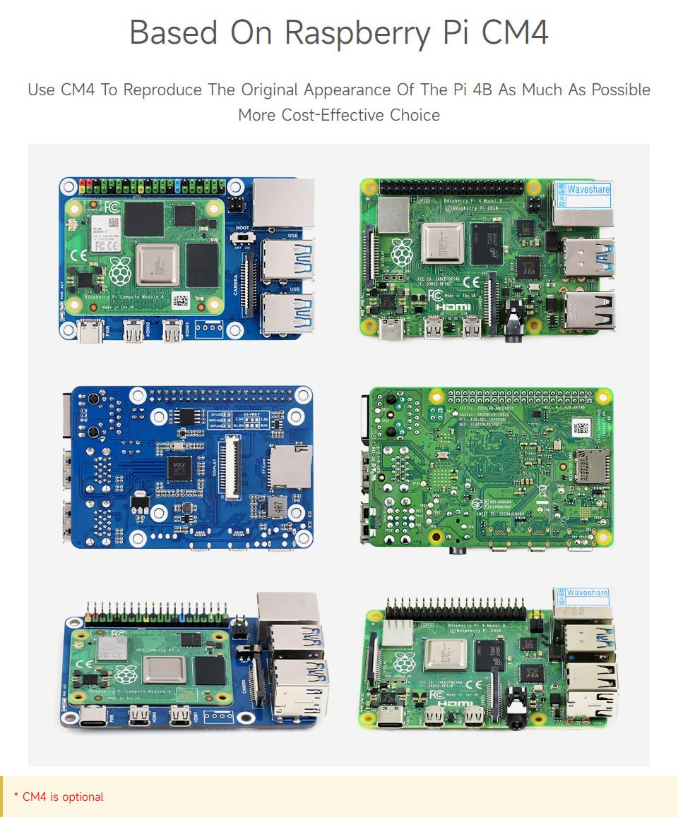 Waveshare CM4-to-Pi4-Adapter for Raspberry Pi CM4, Alternative Solution for Raspberry Pi 4B(Can be Used as Pi 4B by Combining The Adapter with CM4)