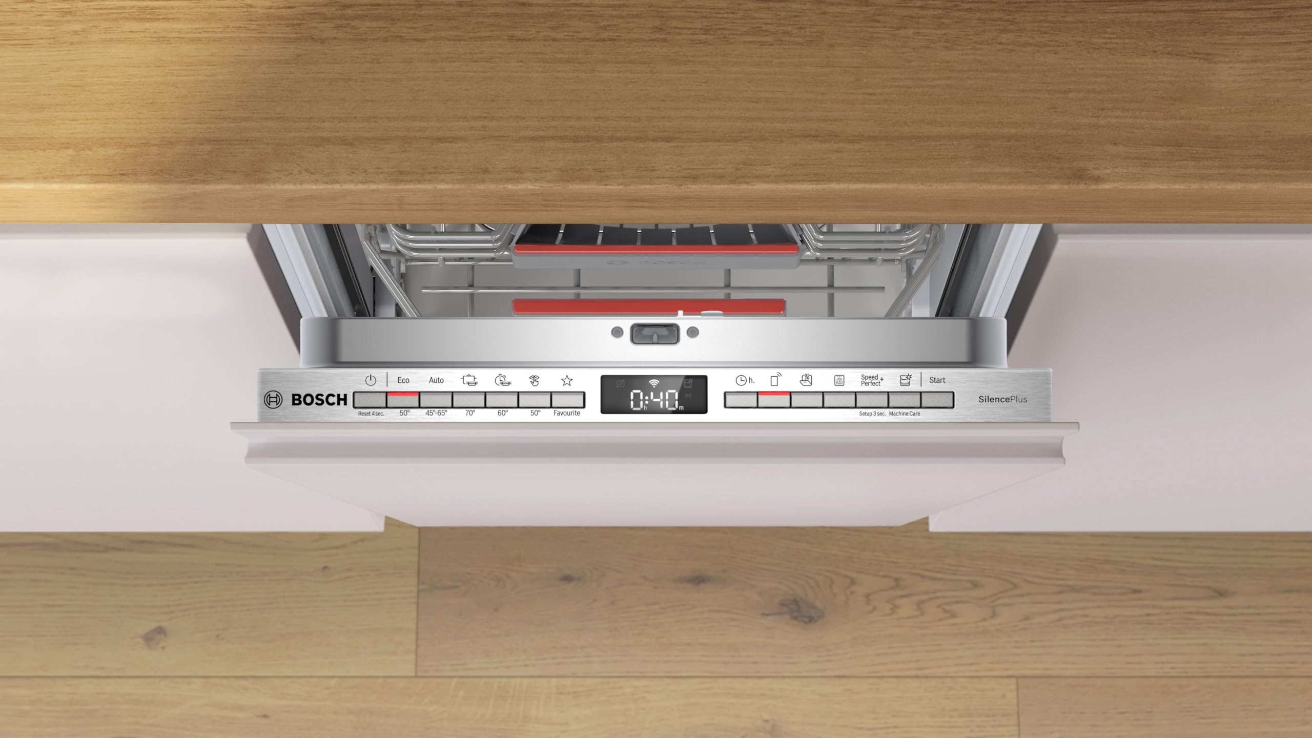 Bosch SPV4EMX17E Serie 4, Lavastoviglie Smart da incasso a scomparsa totale, 10 coperti, Cestelli personalizzabili, Motore EcoSilence Drive, Indicazione di funzione a pavimento, 45 cm.