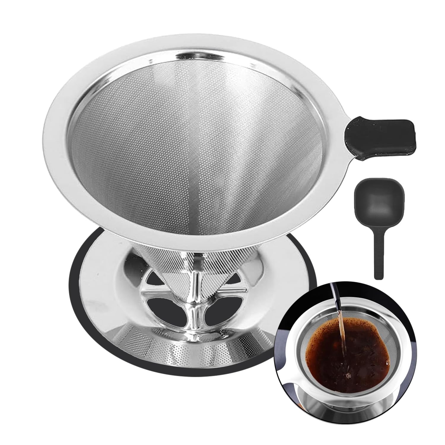 Xieesae Coffee Filter, Stainless Steel Mesh Dripper, Reusable Filter 2-in-1 Set with Spoon, Paperless Drip Cone Coffee Filter with Holder Kitchen Tools for Manual Coffee Maker