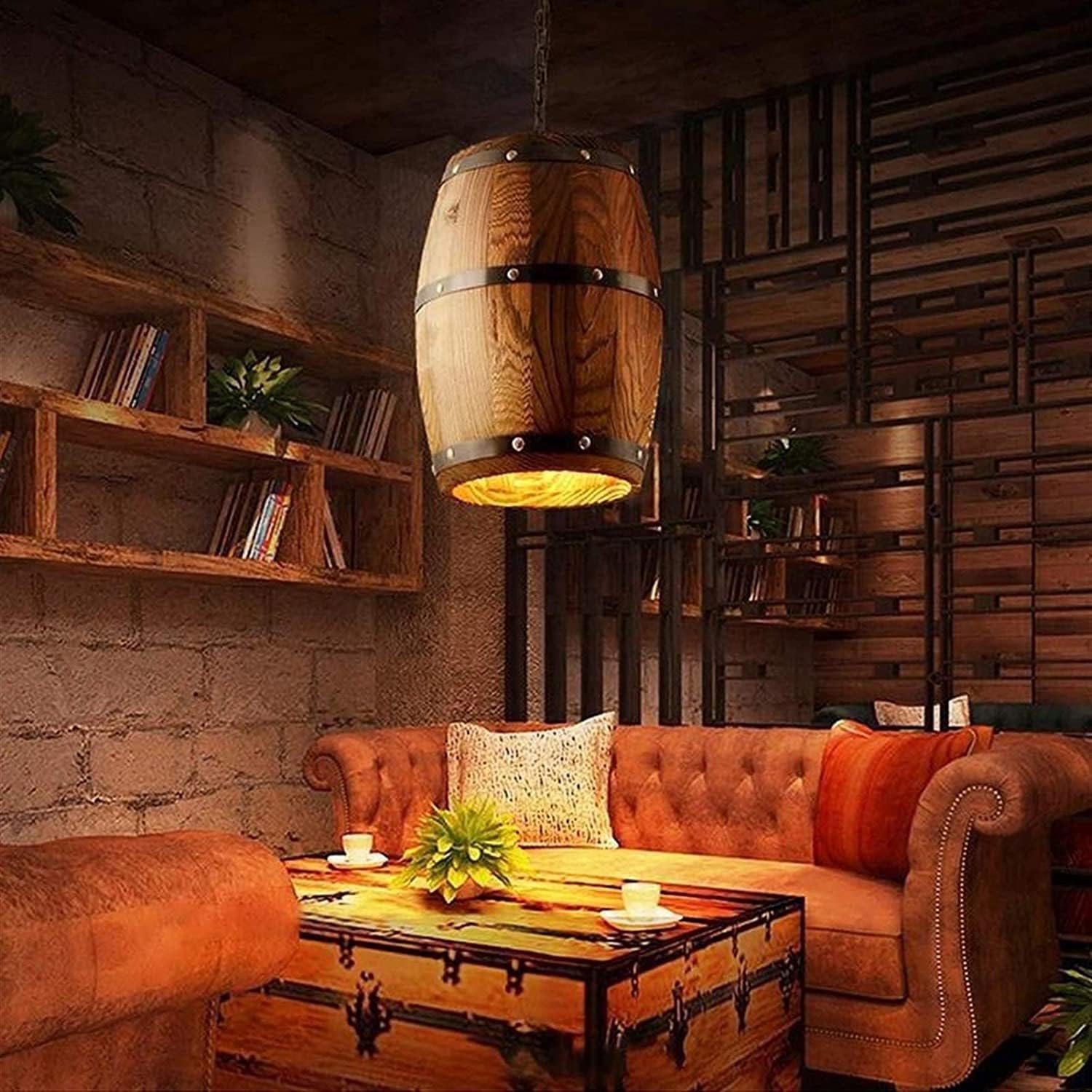 BLOOHK Rustic Wooden Wine Barrel Pendant Light, Vintage Industrial Oak Chandelier, Height Adjustable Hanging Lamp for Home Bar, Restaurant & Kitchen