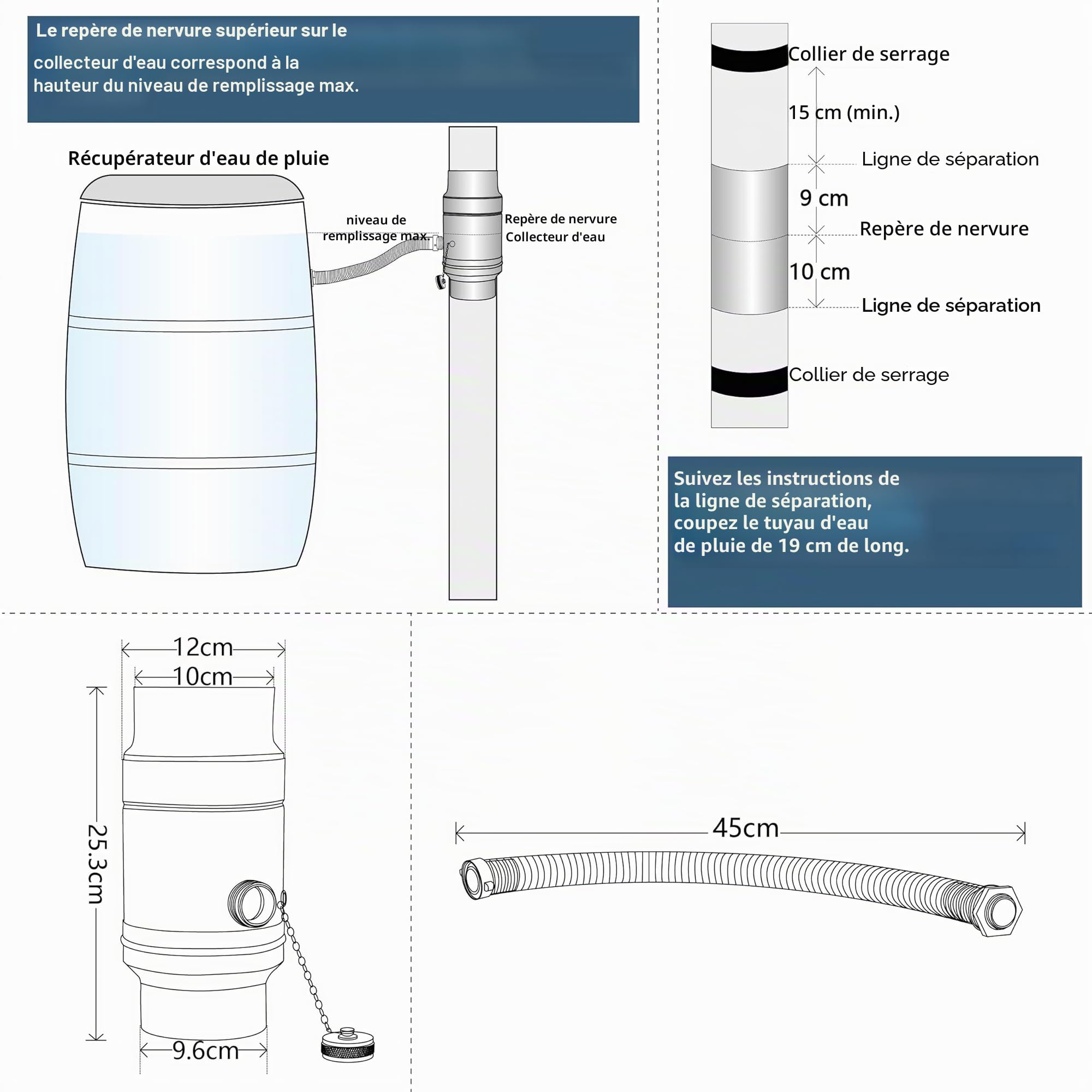 IGarden Collecte d'eau de pluie de 100 mm avec tuyau de 45 cm et raccord pour tuyau d'échappement, tôle d'acier galvanisée + collecte de pluie en aluminium, structure à double paroi, tuyaux